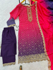 Trending Printed Chinon Fabric Pink Color Kurti Dupatta With Pent
