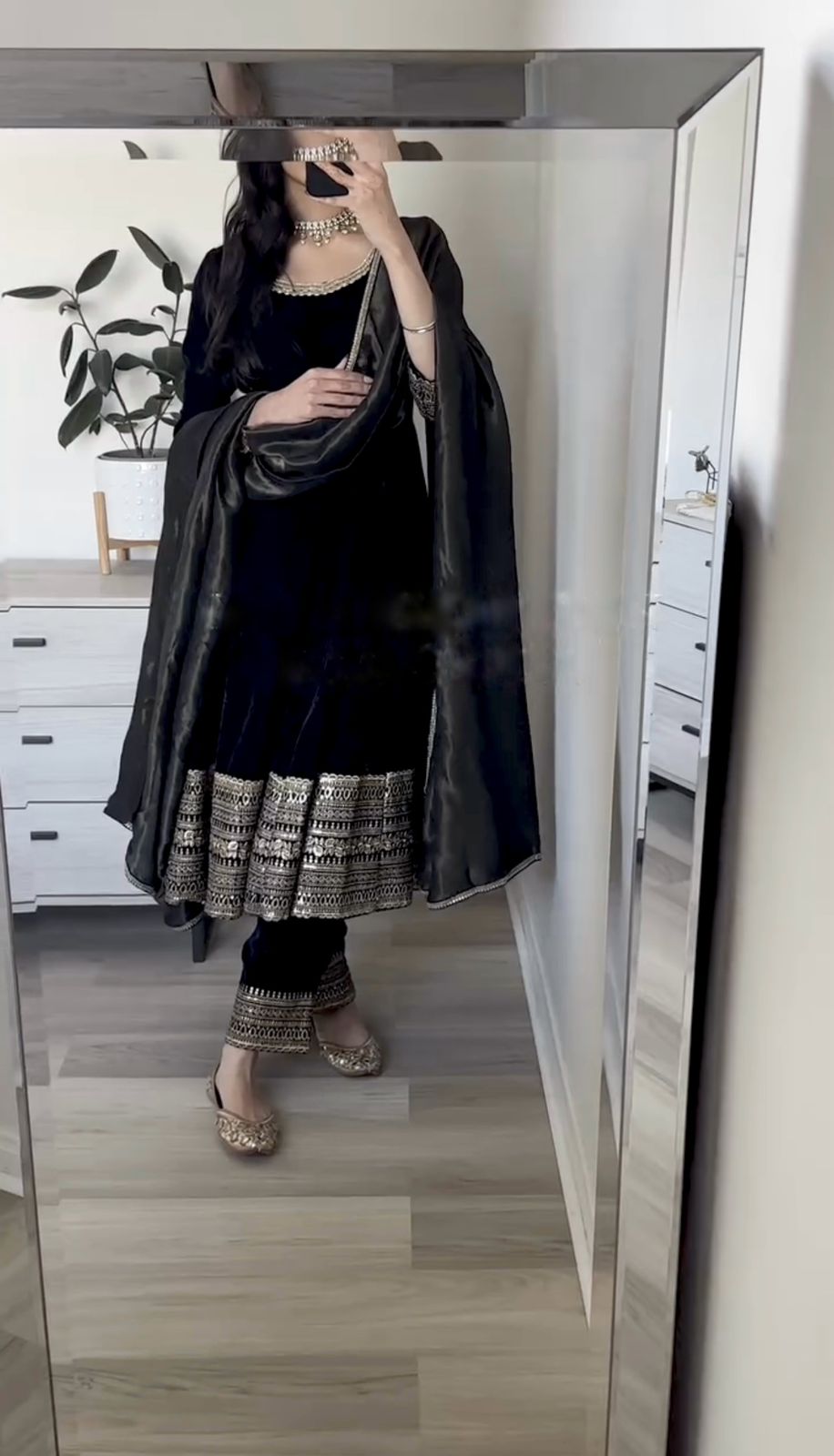 Buy Designer Viscose Velvet Embroidery sequence Work With Sleeves BlackColor Sharara Suit