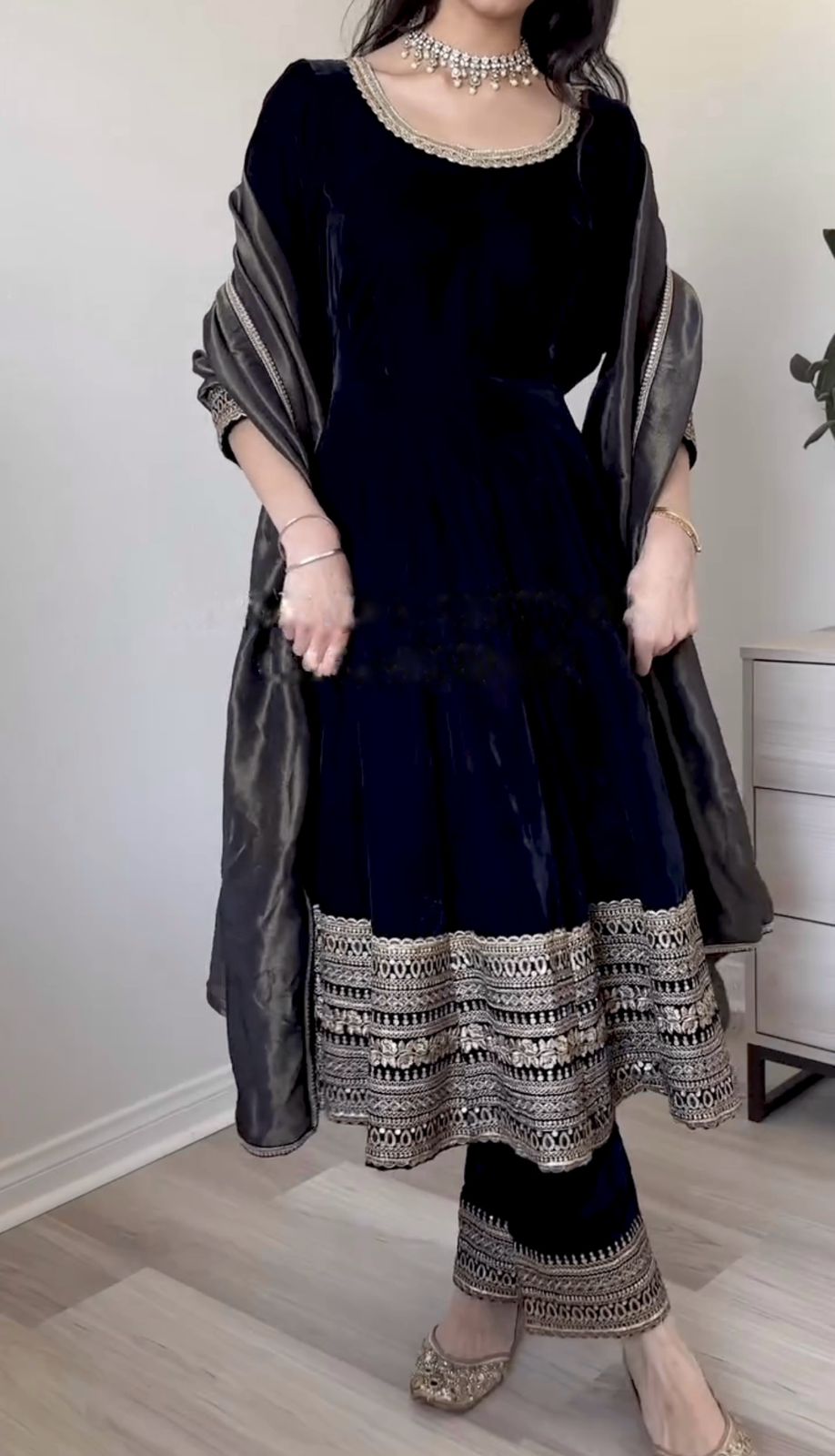 Buy Designer Viscose Velvet Embroidery sequence Work With Sleeves BlackColor Sharara Suit