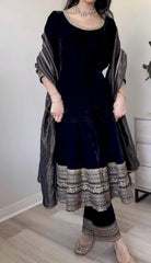 Buy Designer Viscose Velvet Embroidery sequence Work With Sleeves BlackColor Sharara Suit