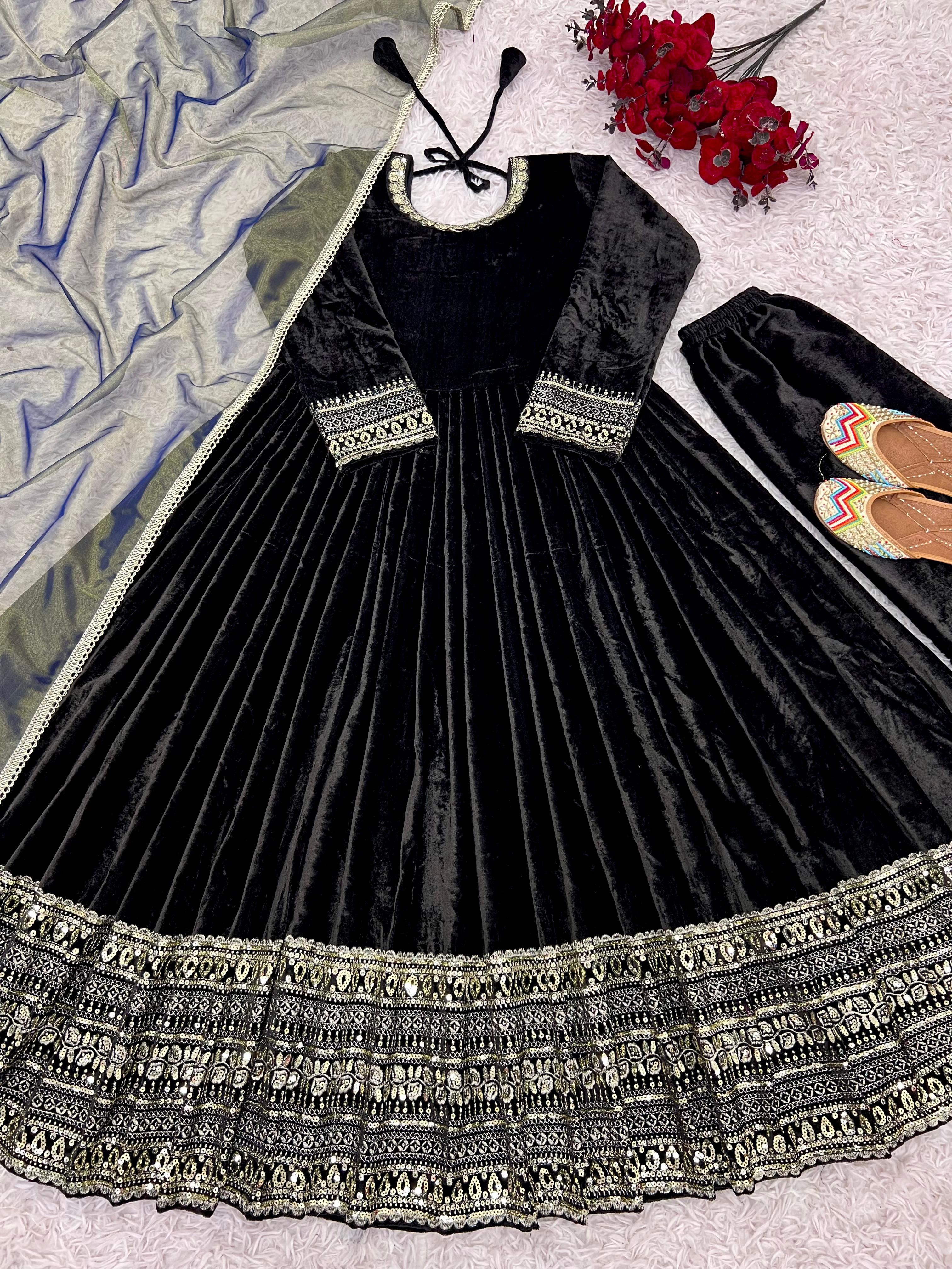 Buy Designer Viscose Velvet Embroidery sequence Work With Sleeves BlackColor Sharara Suit