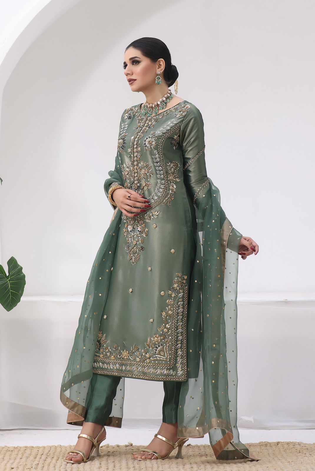 Daisy Pista Color Silk Embroidery Anarkali Suit