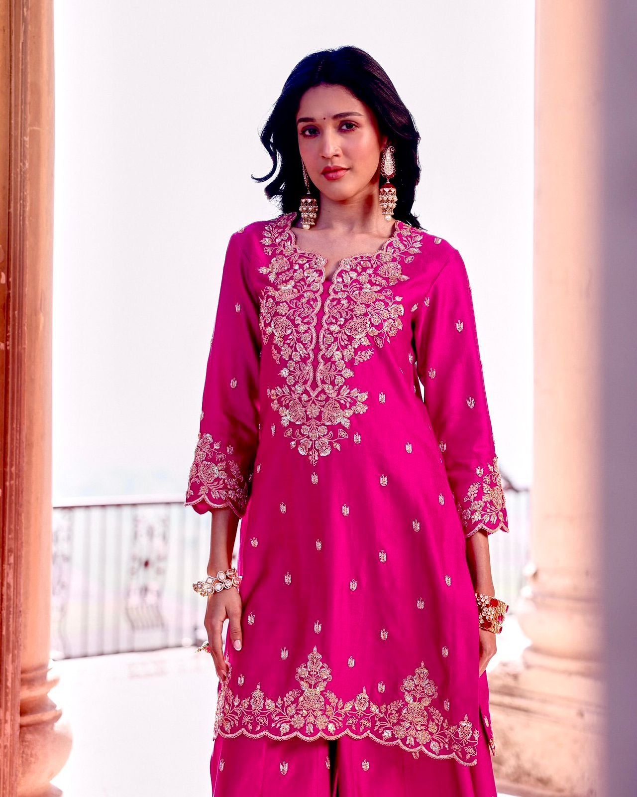Gorgeous Pink Silk With Sequence Work Palazzo Suit