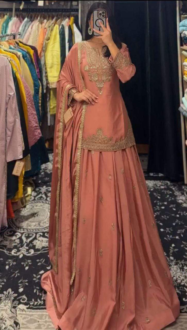 Ravishing Pink Chinon Silk Sequence Work Top With Lehenga