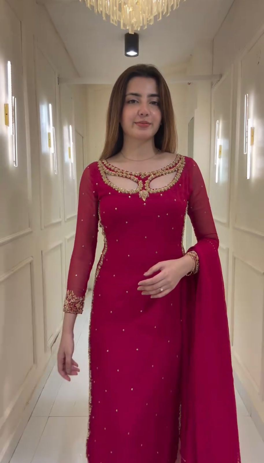 Attractive Maroon Georgette Embroidery Work Palazzo Suit