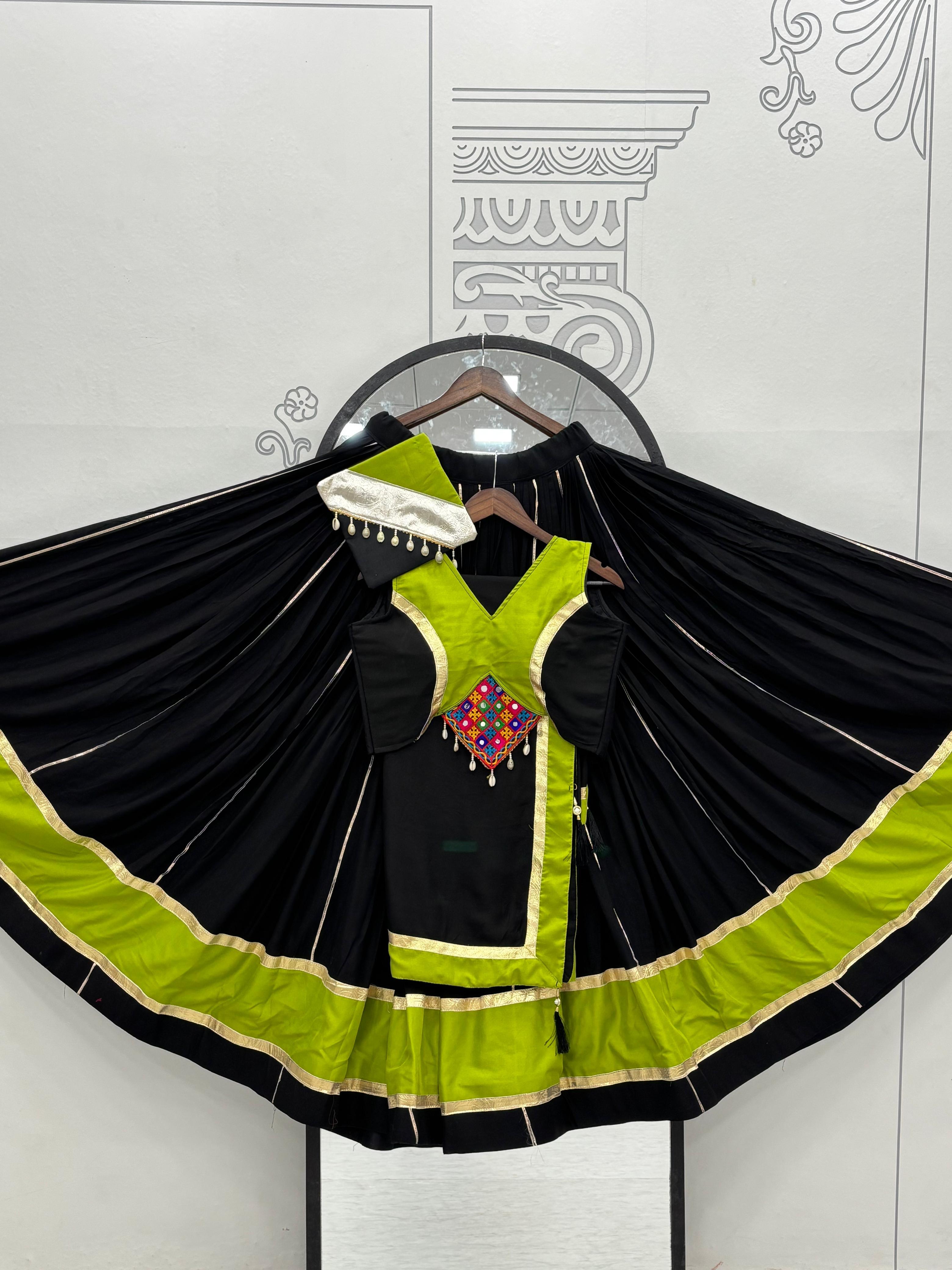 Navratri Wear Black Cotton Gamthi Work Lehenga Choli