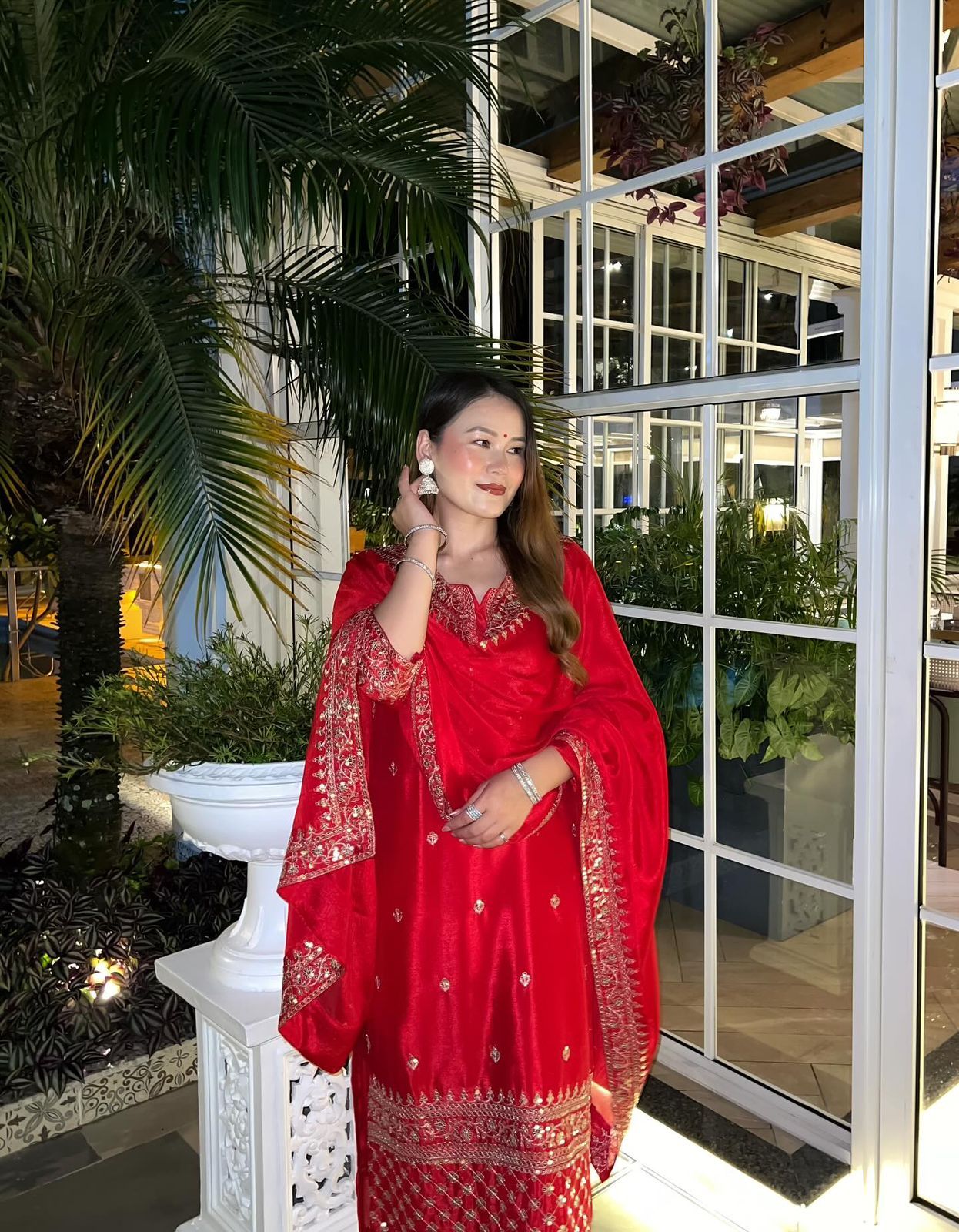 Stylish Red Color Embroidery Work Sharara Suit