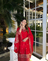 Stylish Red Color Embroidery Work Sharara Suit