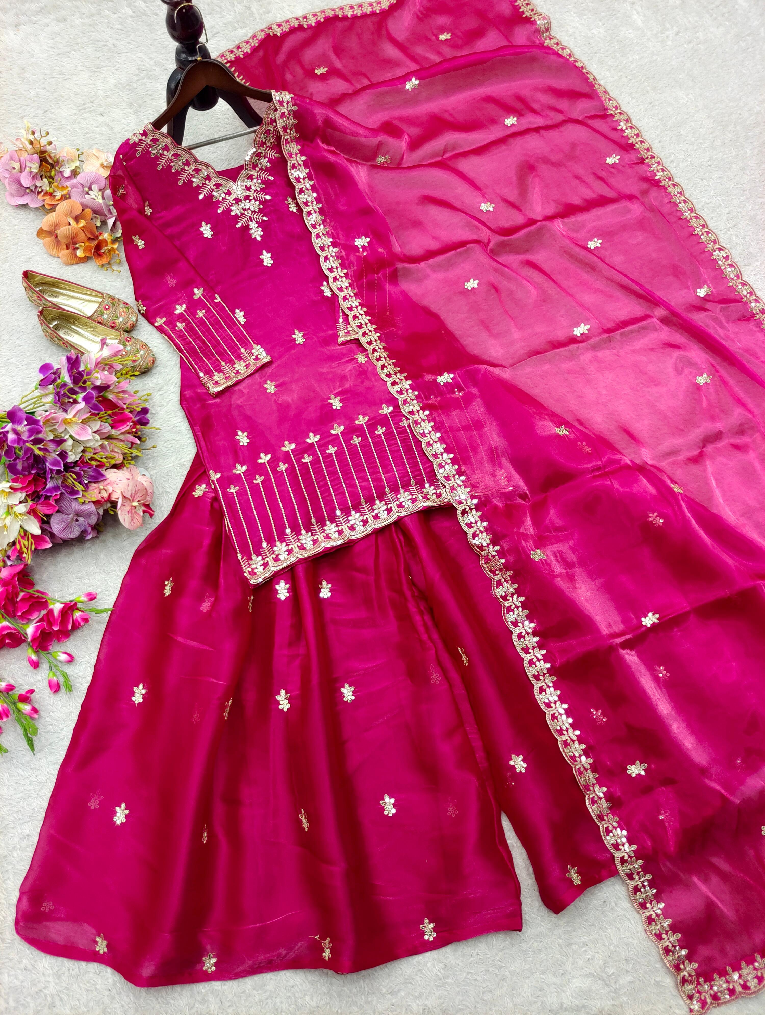 Stylish Pink Color Embroidery Work Sharara Suit