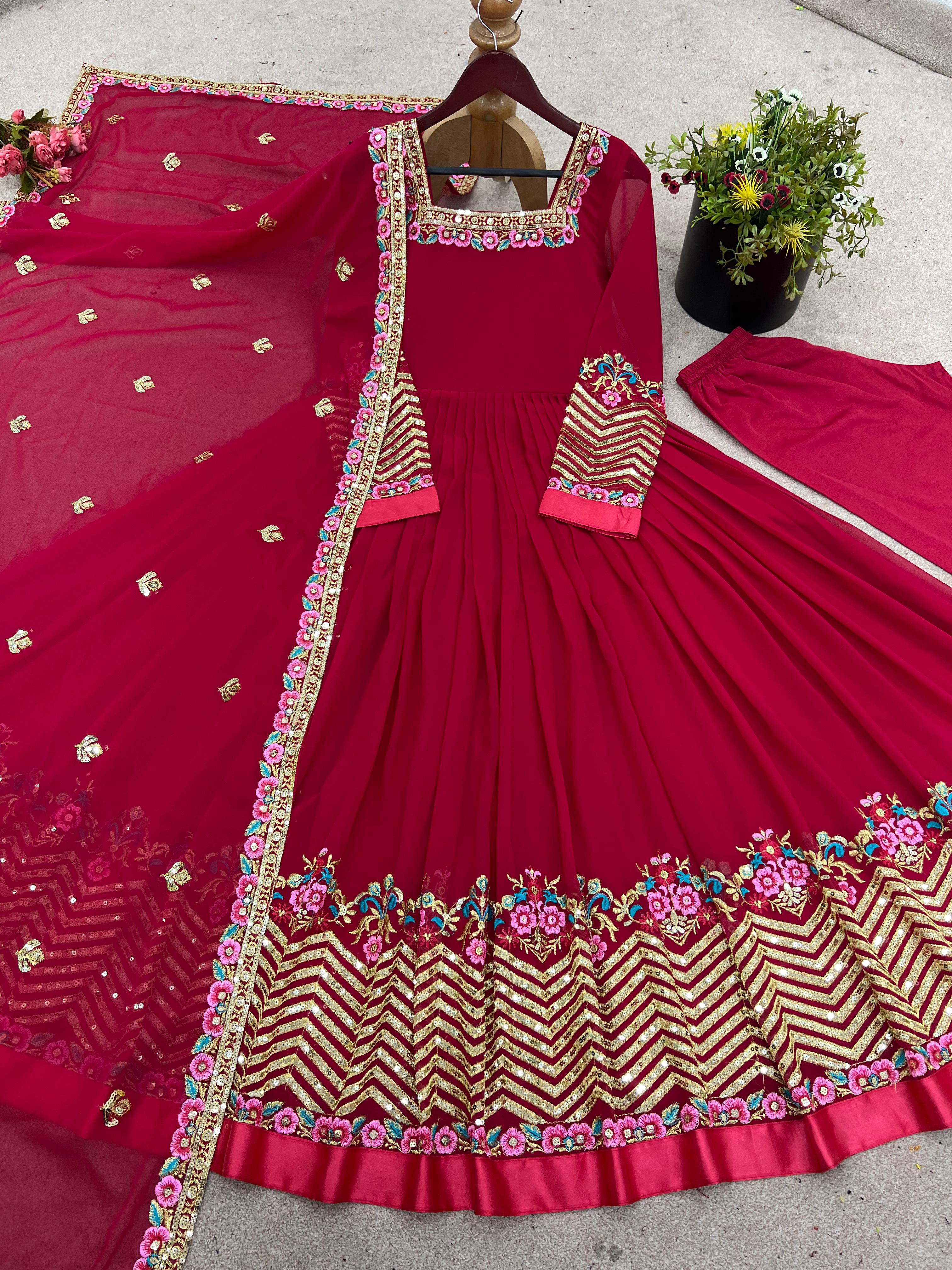 Trendy Red Georgette Embroidery Work Gown