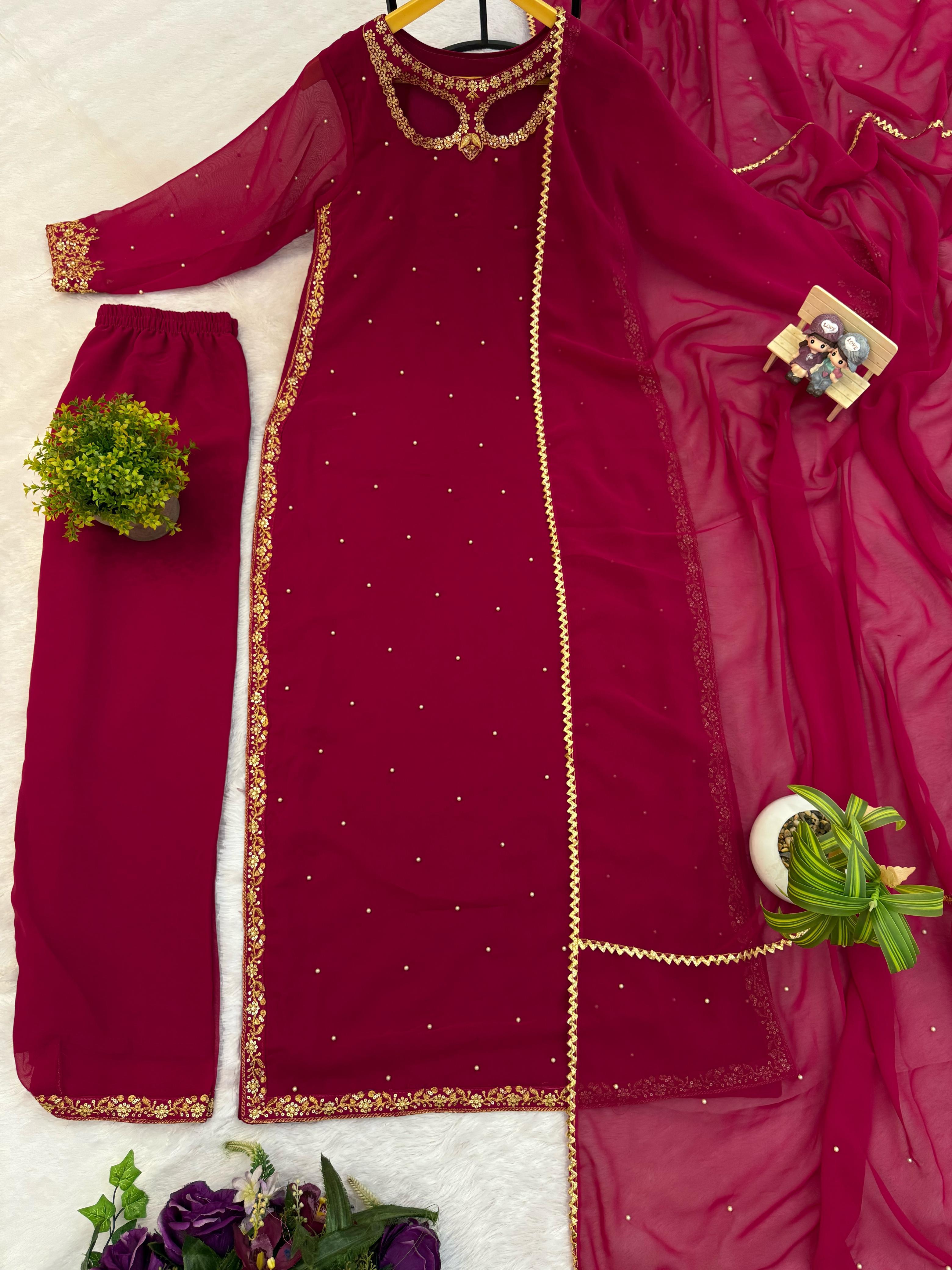 Attractive Maroon Georgette Embroidery Work Palazzo Suit