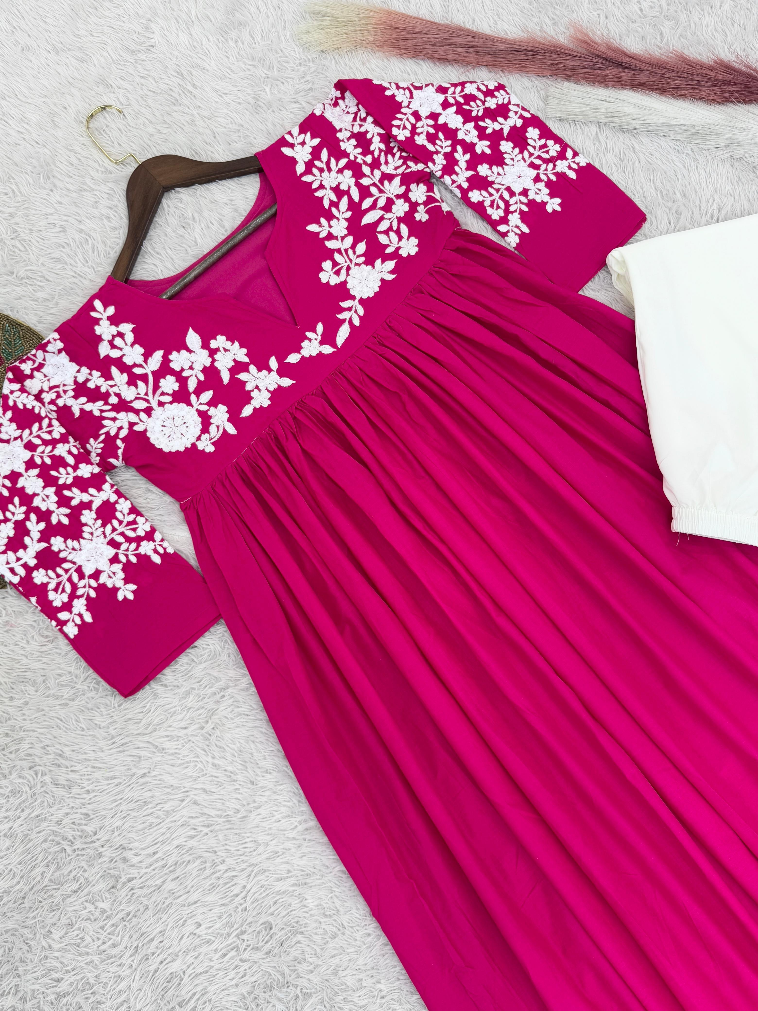 Precious Pink Cotton Embroidery Work Palazzo Suit