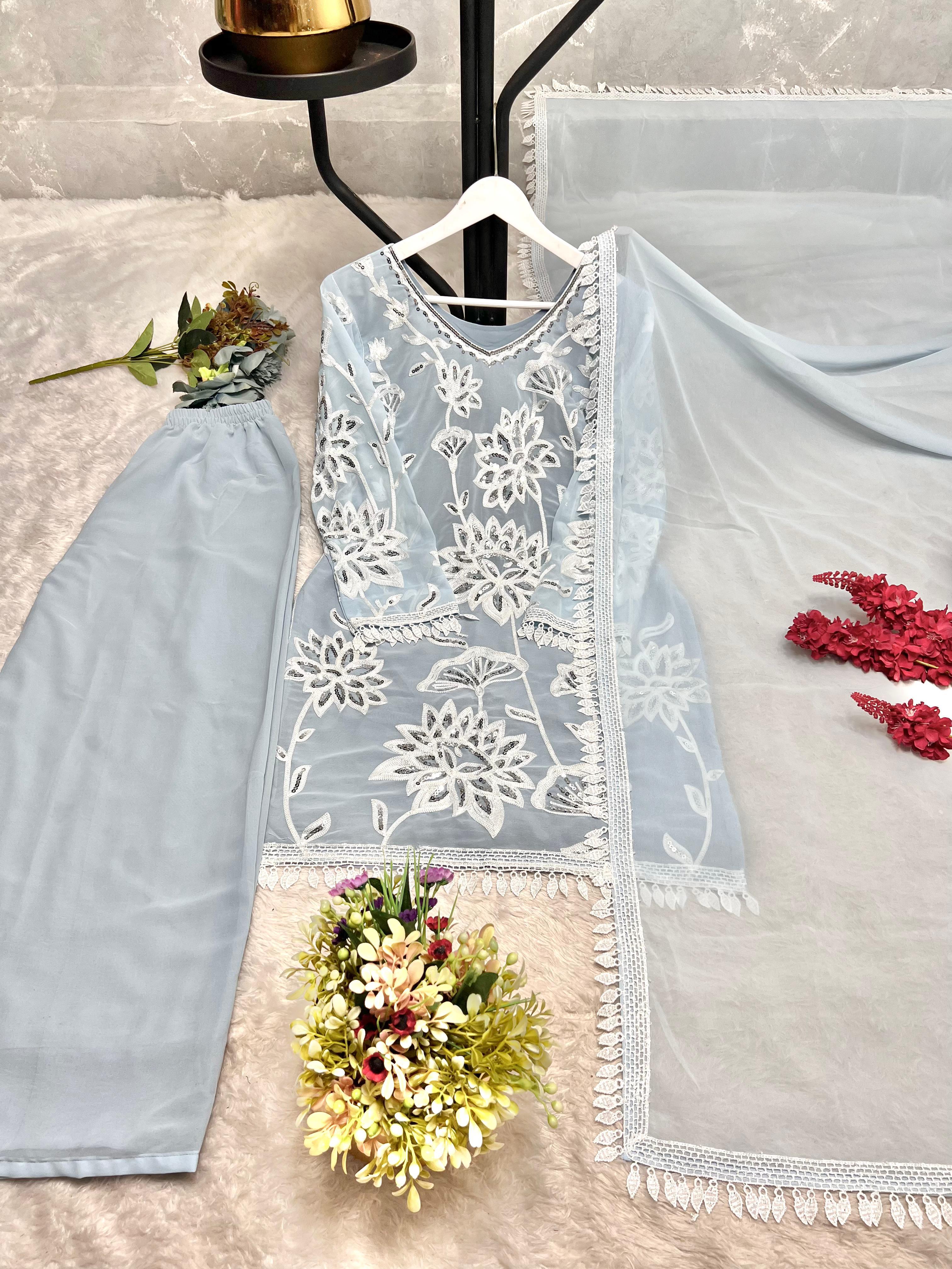 Trendy Sky Blue Georgette Embroidery Palazzo Suit