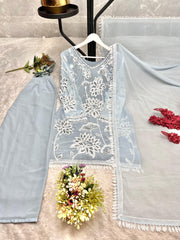 Trendy Sky Blue Georgette Embroidery Palazzo Suit
