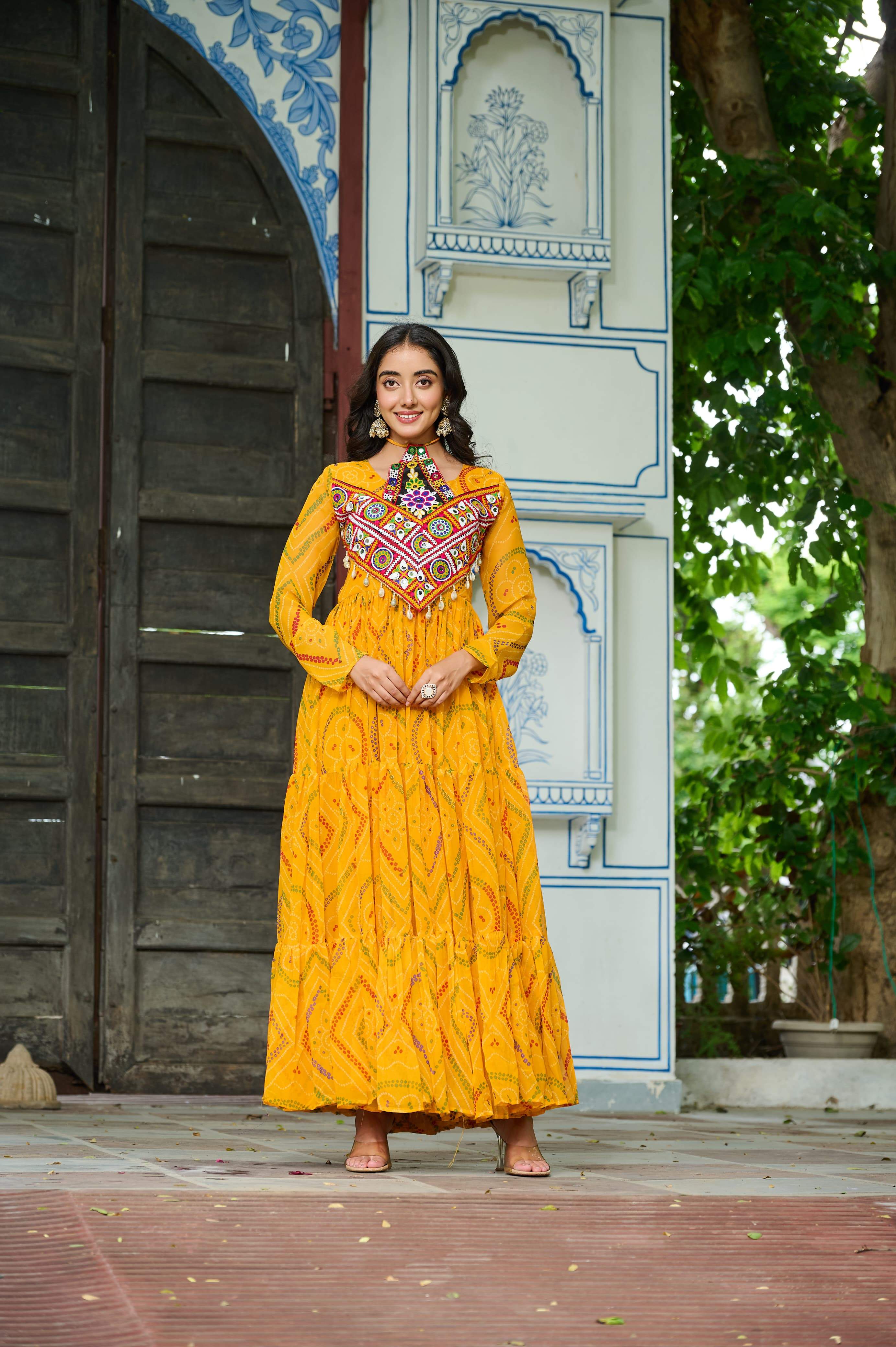 Pretty Pink Georgette Kutchi Work Gown For Navratri