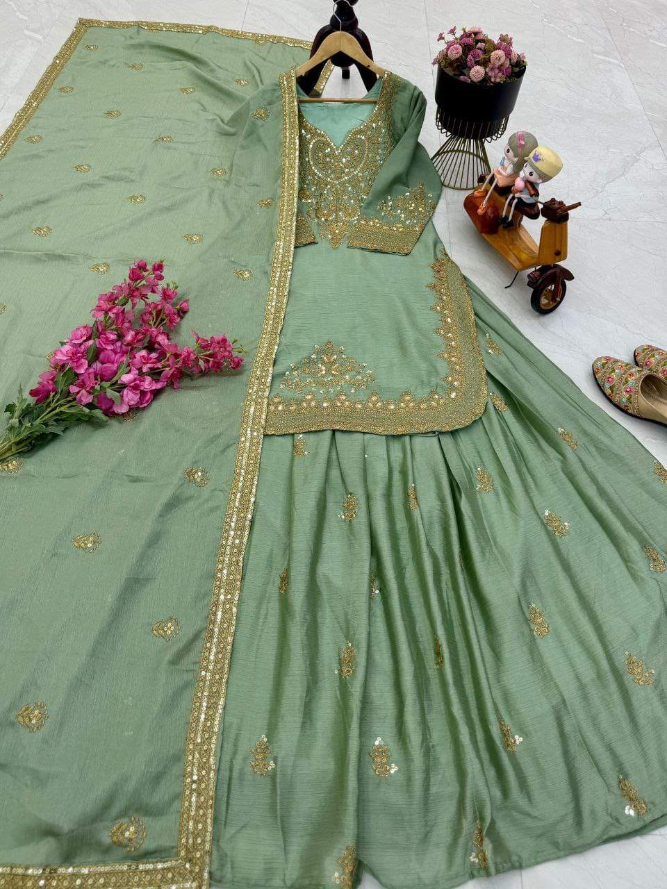 Ravishing Pink Chinon Silk Sequence Work Top With Lehenga