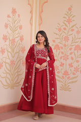 Awesome Red Color Beads With Embroidery Work Gown