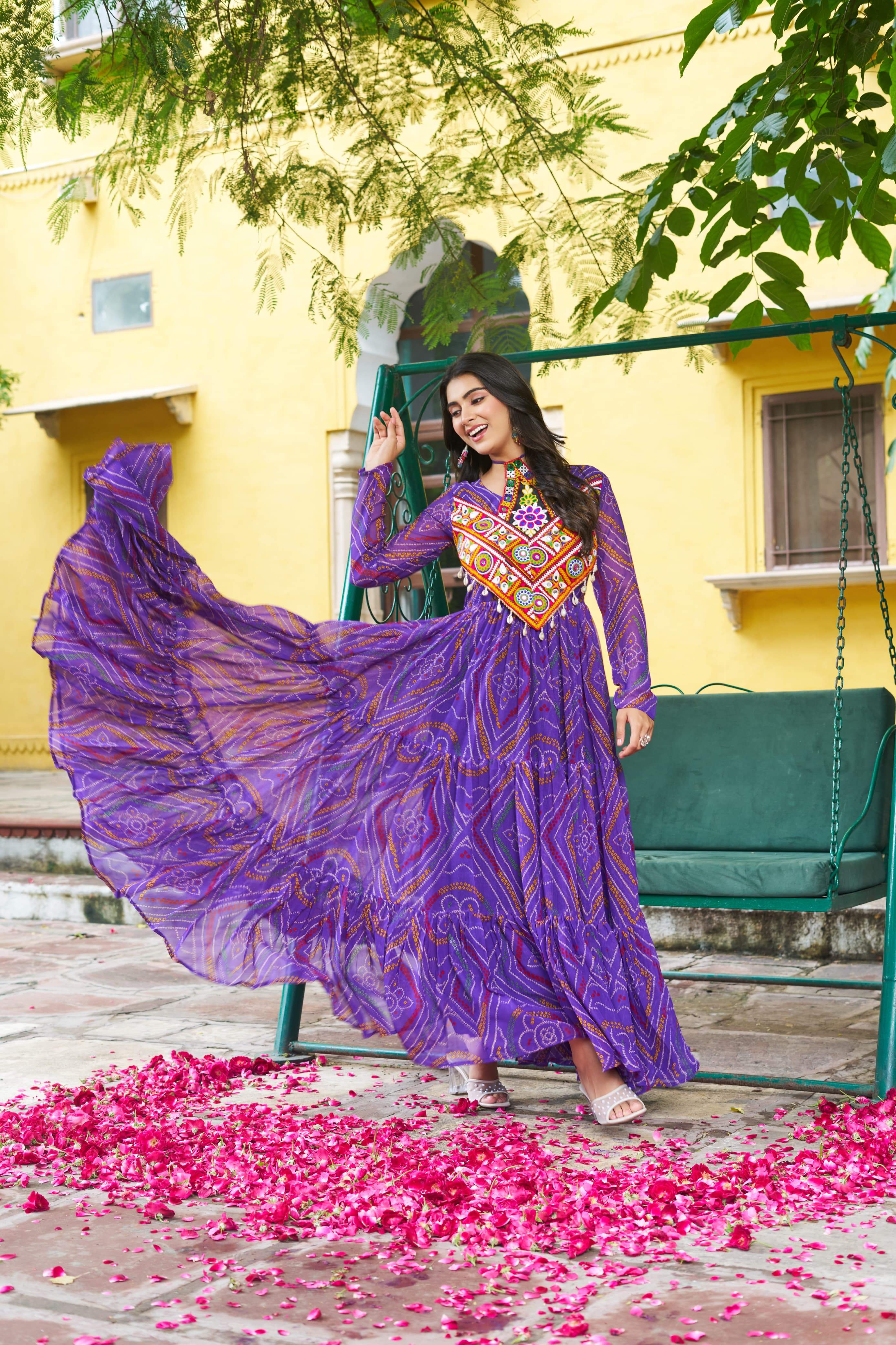 Pretty Pink Georgette Kutchi Work Gown For Navratri