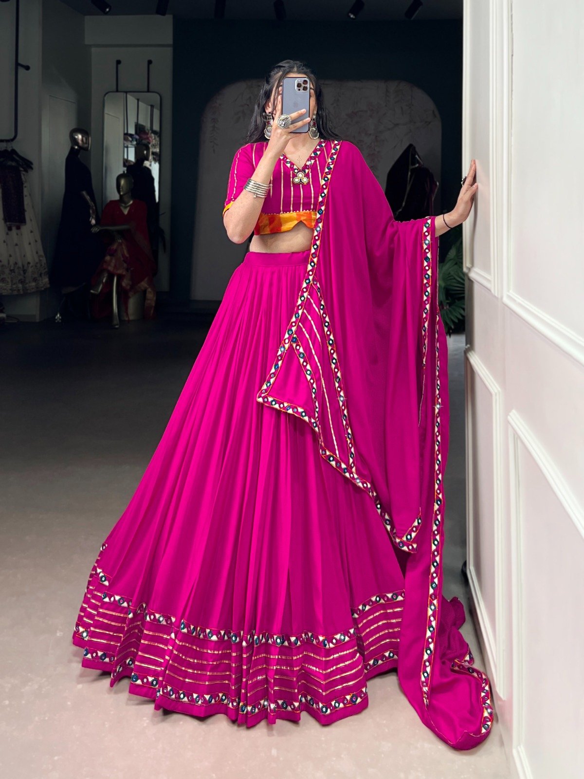 Navratri Lehenga Pink Rayon Mirror Work Lehenga Choli