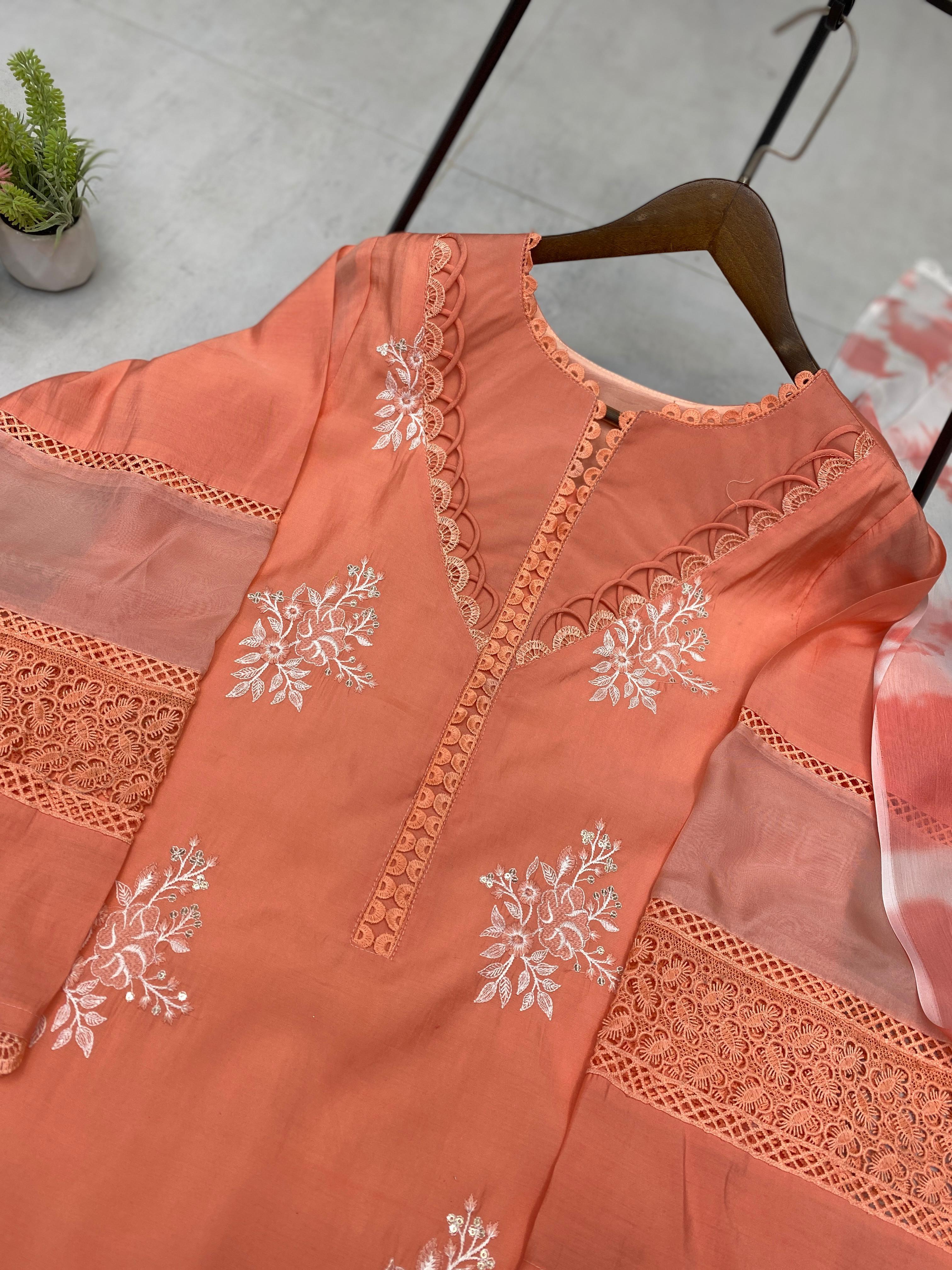 Marvelous Peach Color Embroidery Work Straight Salwar Suit