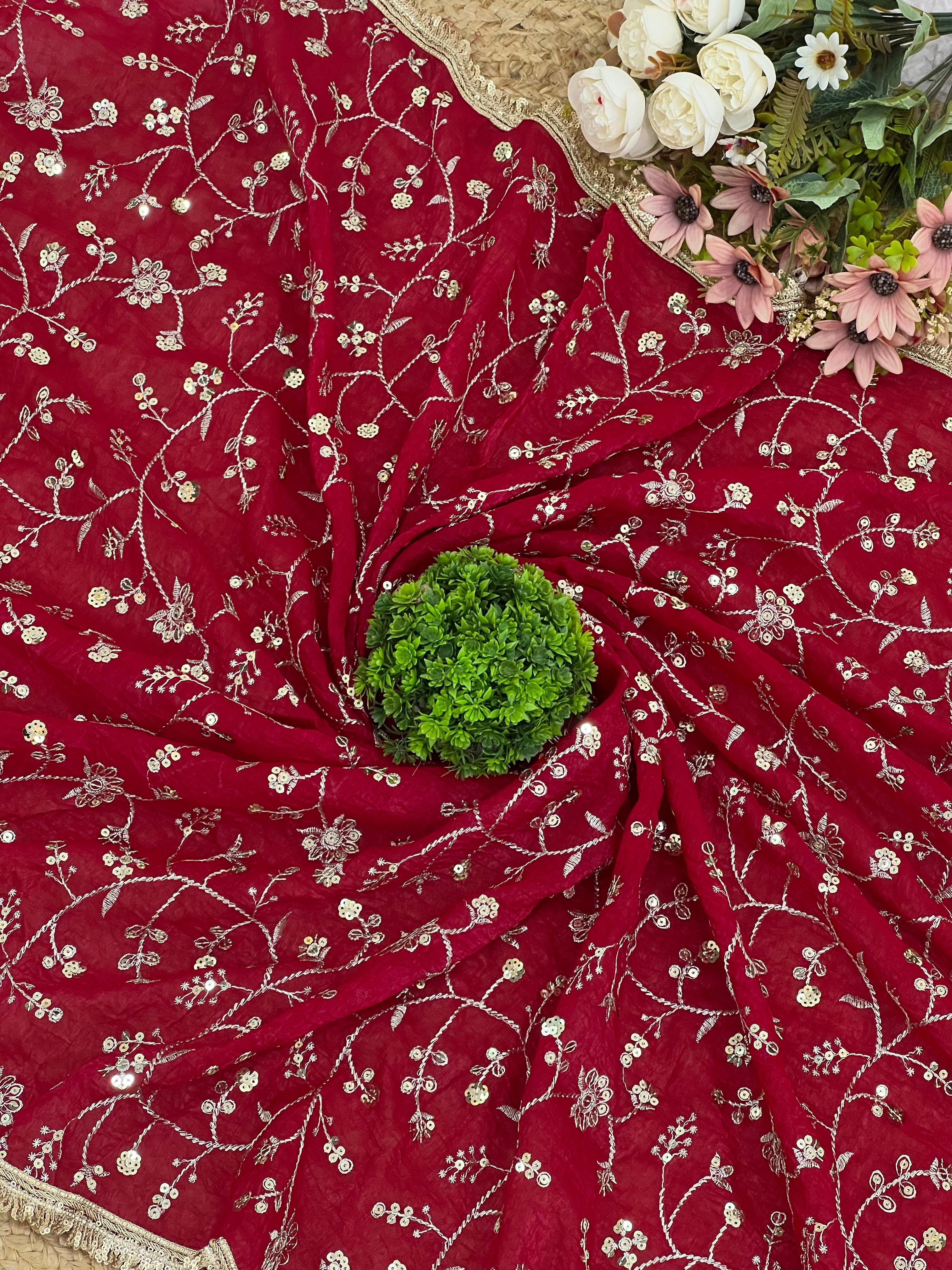 Lovely Red Crunchy Silk Embroidery Work Saree