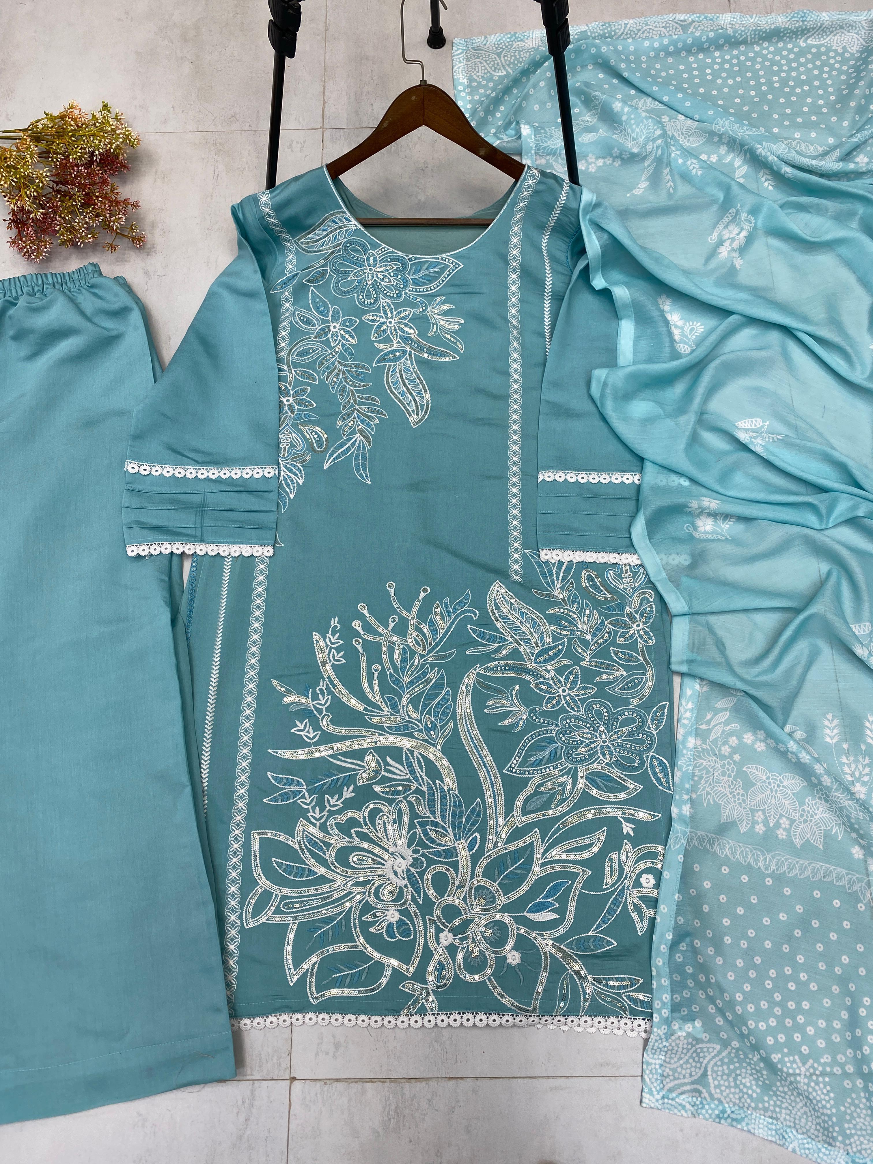 Ravishing Sky Blue Roman Silk Sequence Work Straight Salwar Suit