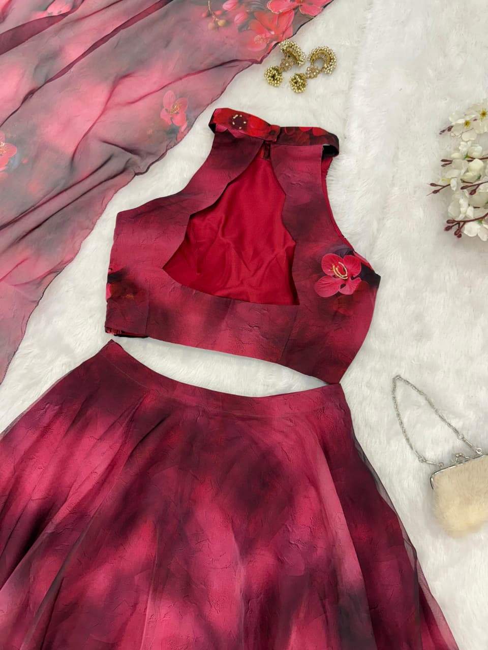 Lovely Pink Color Flower Printed Organza Lehenga Set
