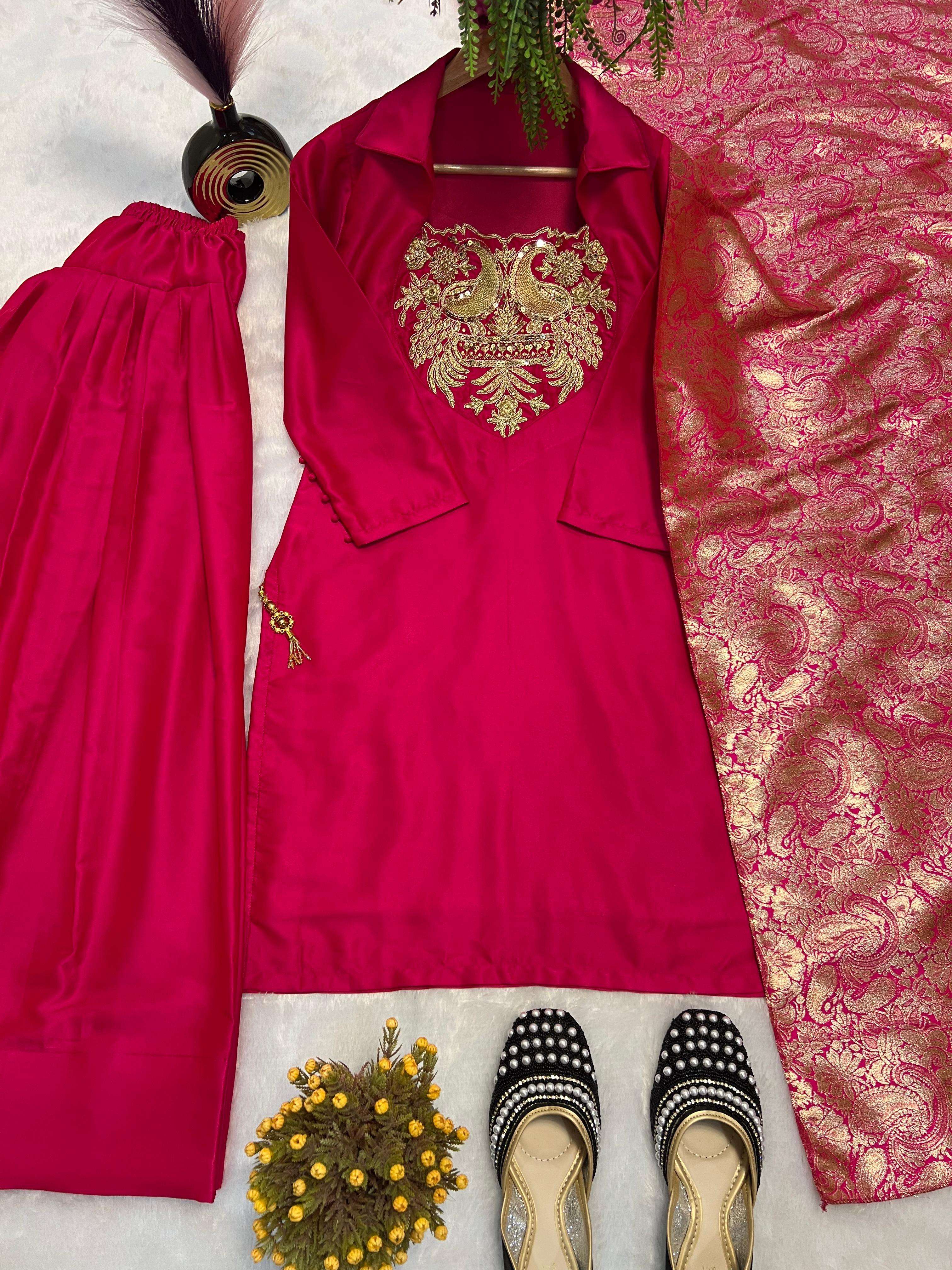 Ravishing Pink Satin Silk Embroidery Work Farshi Salwar Suit