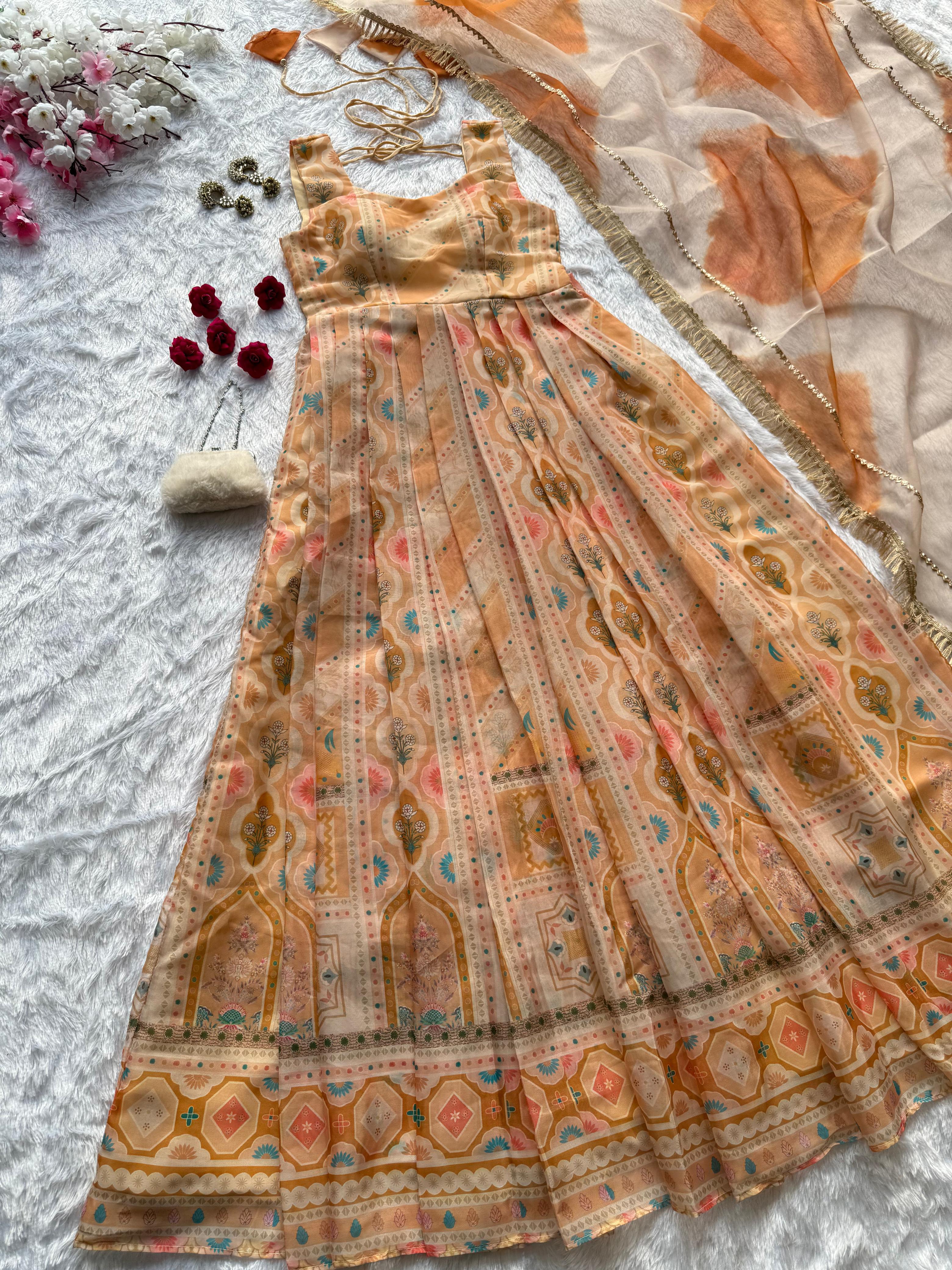 Lovely Peach Organza Digital Print Gown