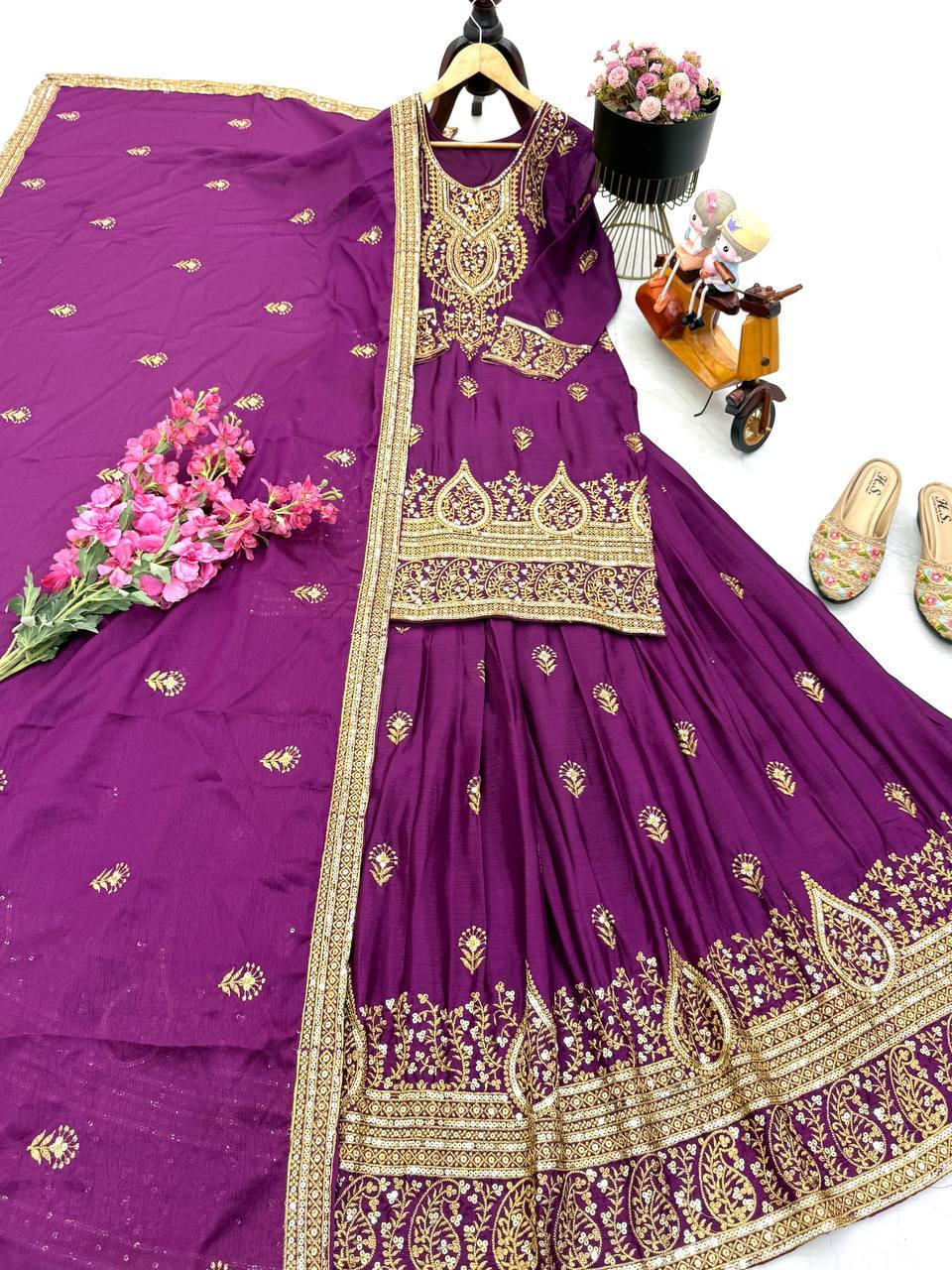 Pretty Mustard Chinon Silk Embroidery Sequence Work Top With Lehenga