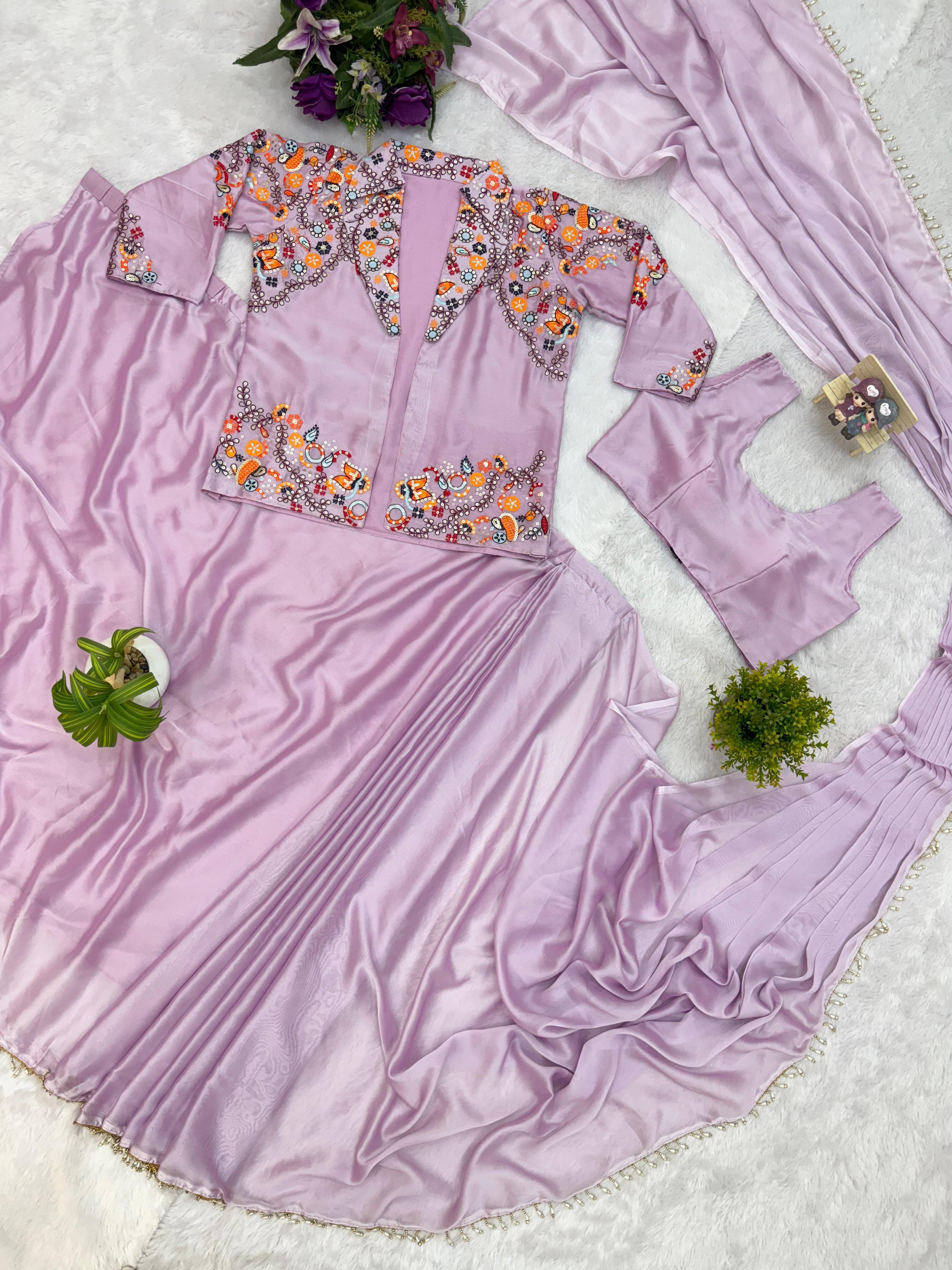 Alluring Purple Rangoli Silk Embroidery Koti With Draped Saree