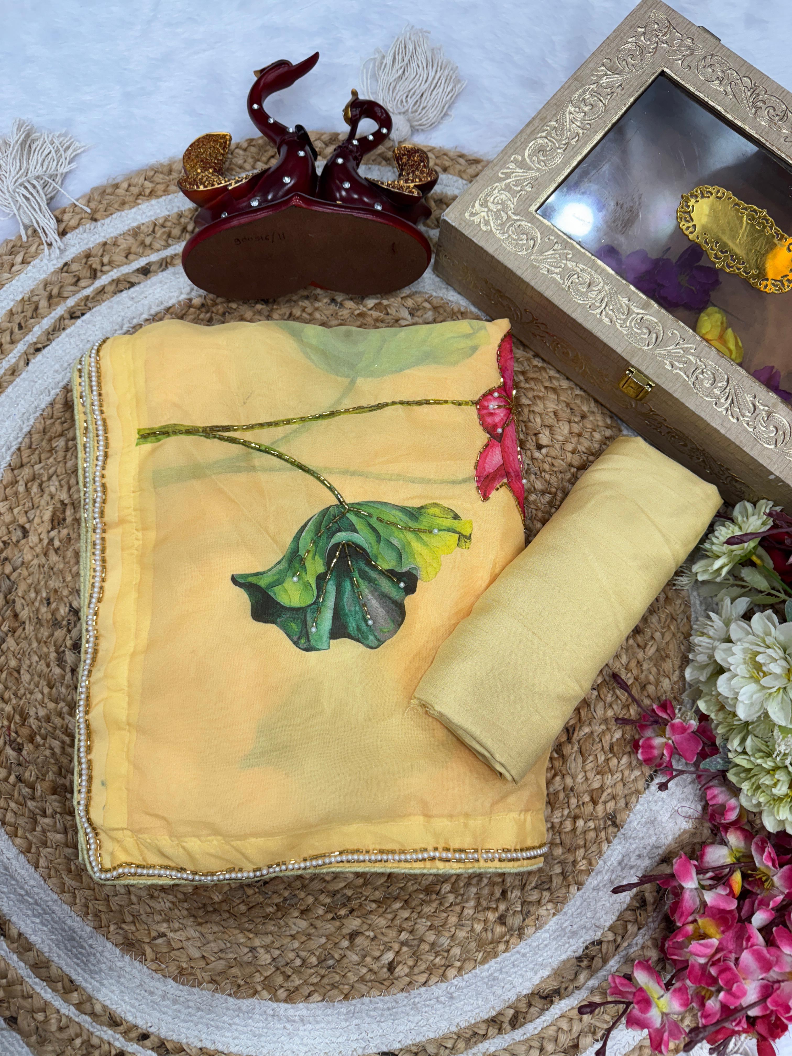 Party Wear Yellow Floral Printed Silk Saree