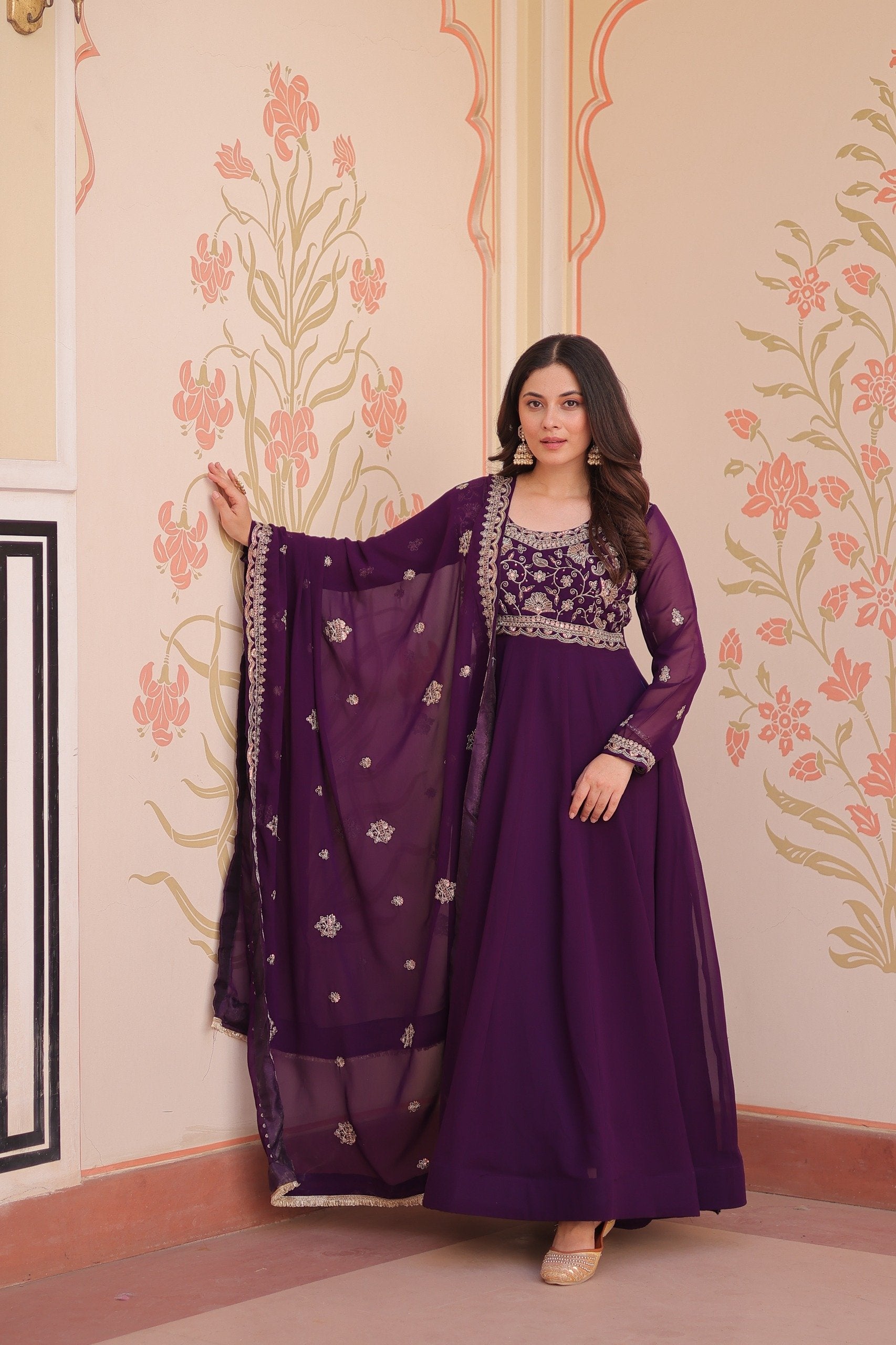 Awesome Red Color Beads With Embroidery Work Gown