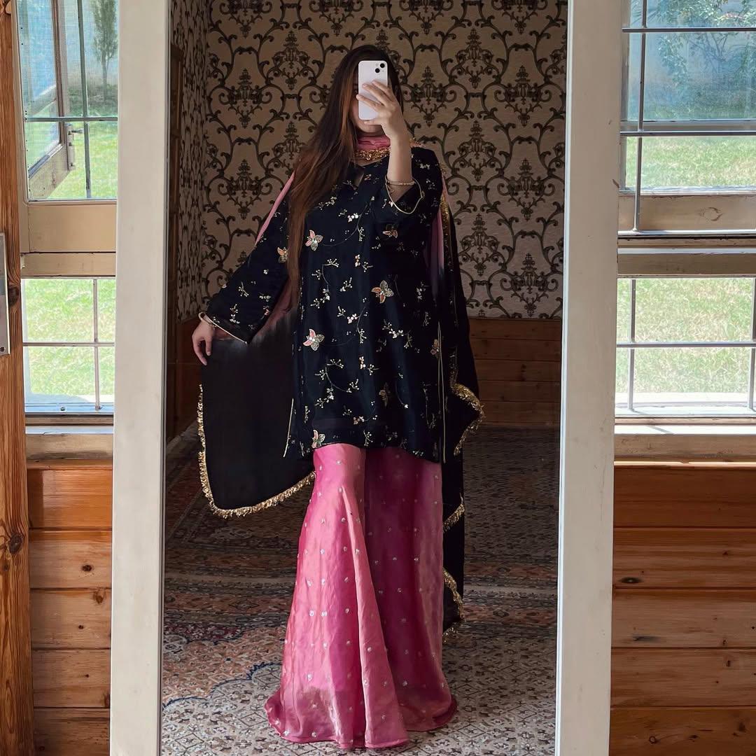 Captivating Black Crushi Silk Sequence Work Sharara Suit