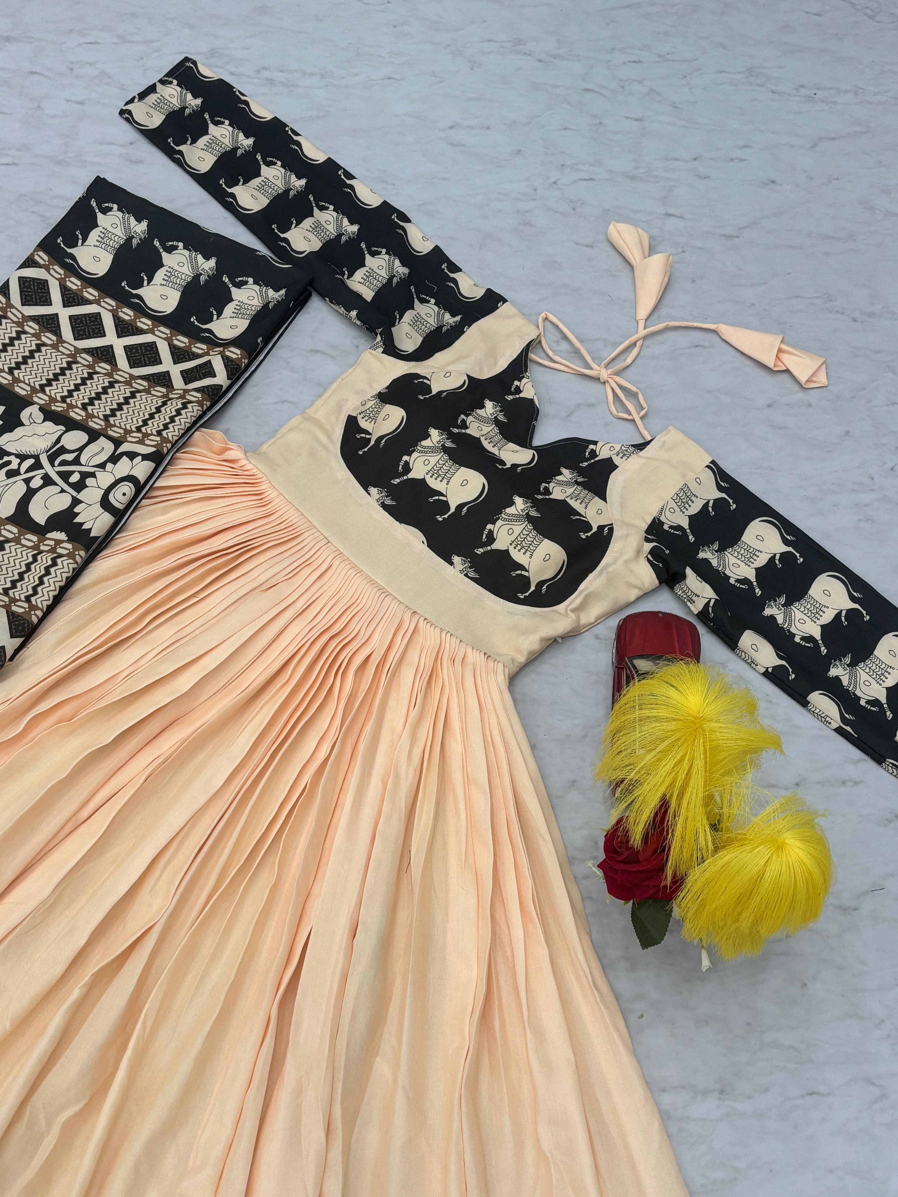 Stylish Peach Rayon Cotton Kalamkari Print Gown
