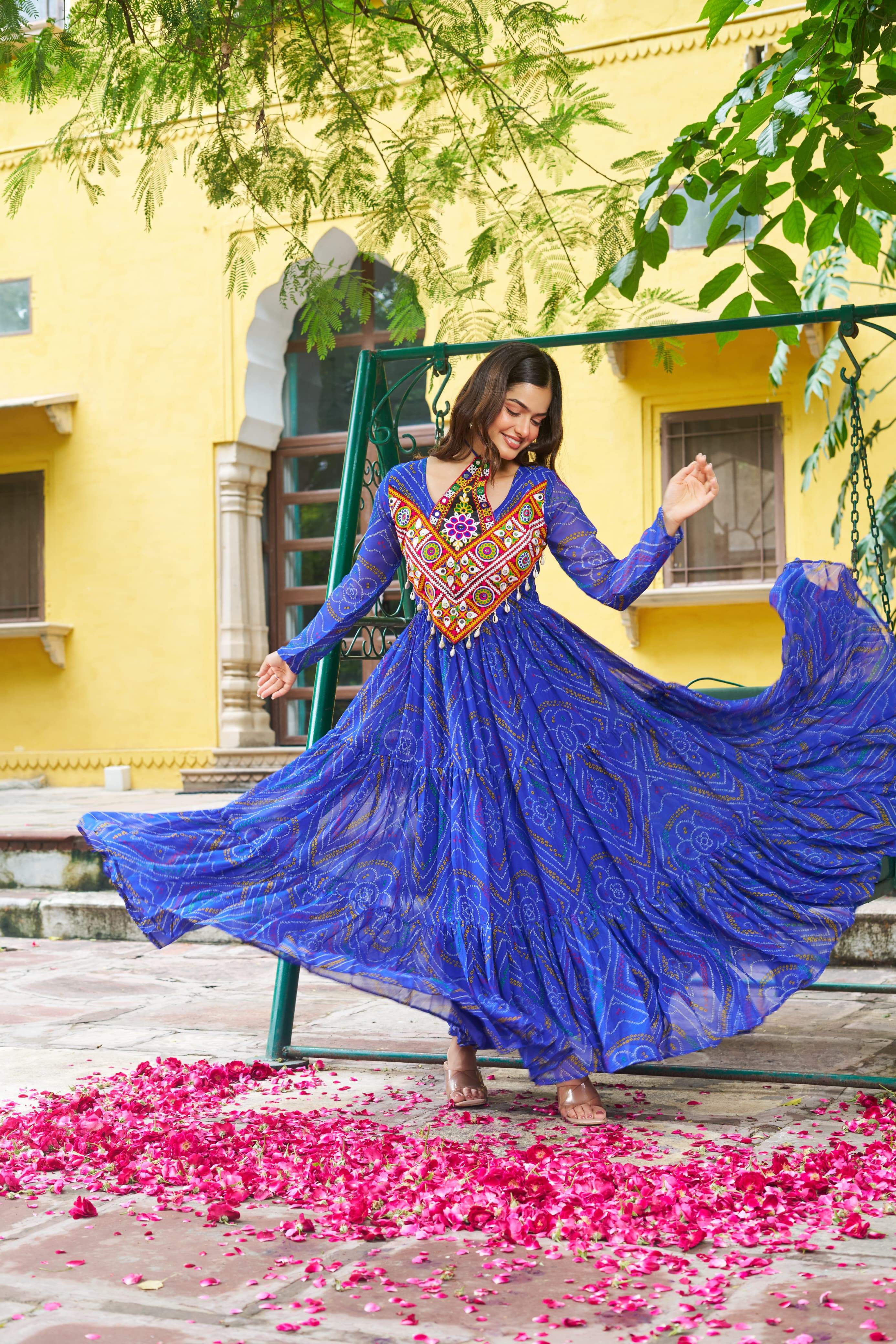 Pretty Pink Georgette Kutchi Work Gown For Navratri