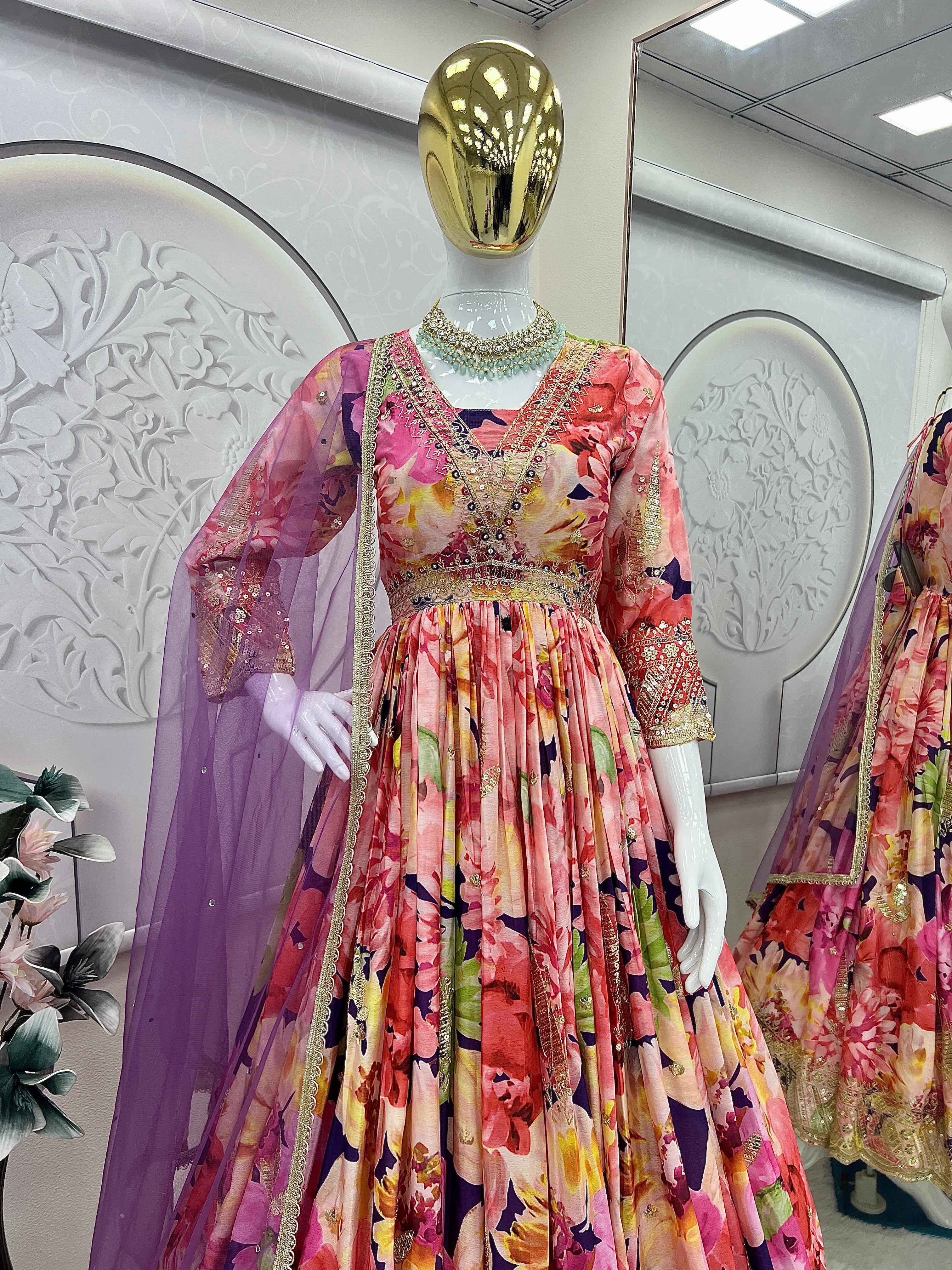 Alluring Multicolor Chinon Silk Embroidery Work Gown