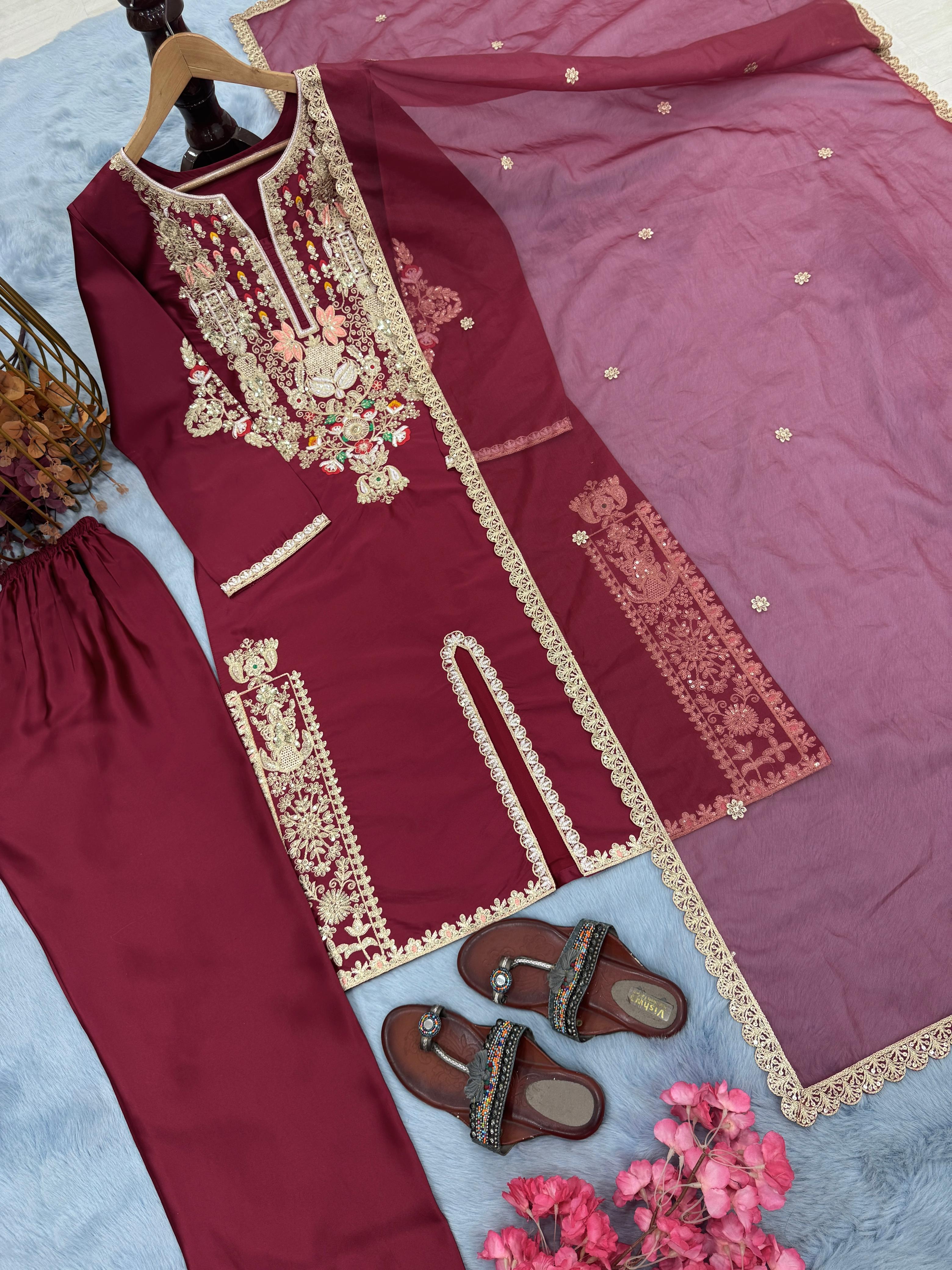 Pretty Maroon Satin Silk Work Palazzo Suit