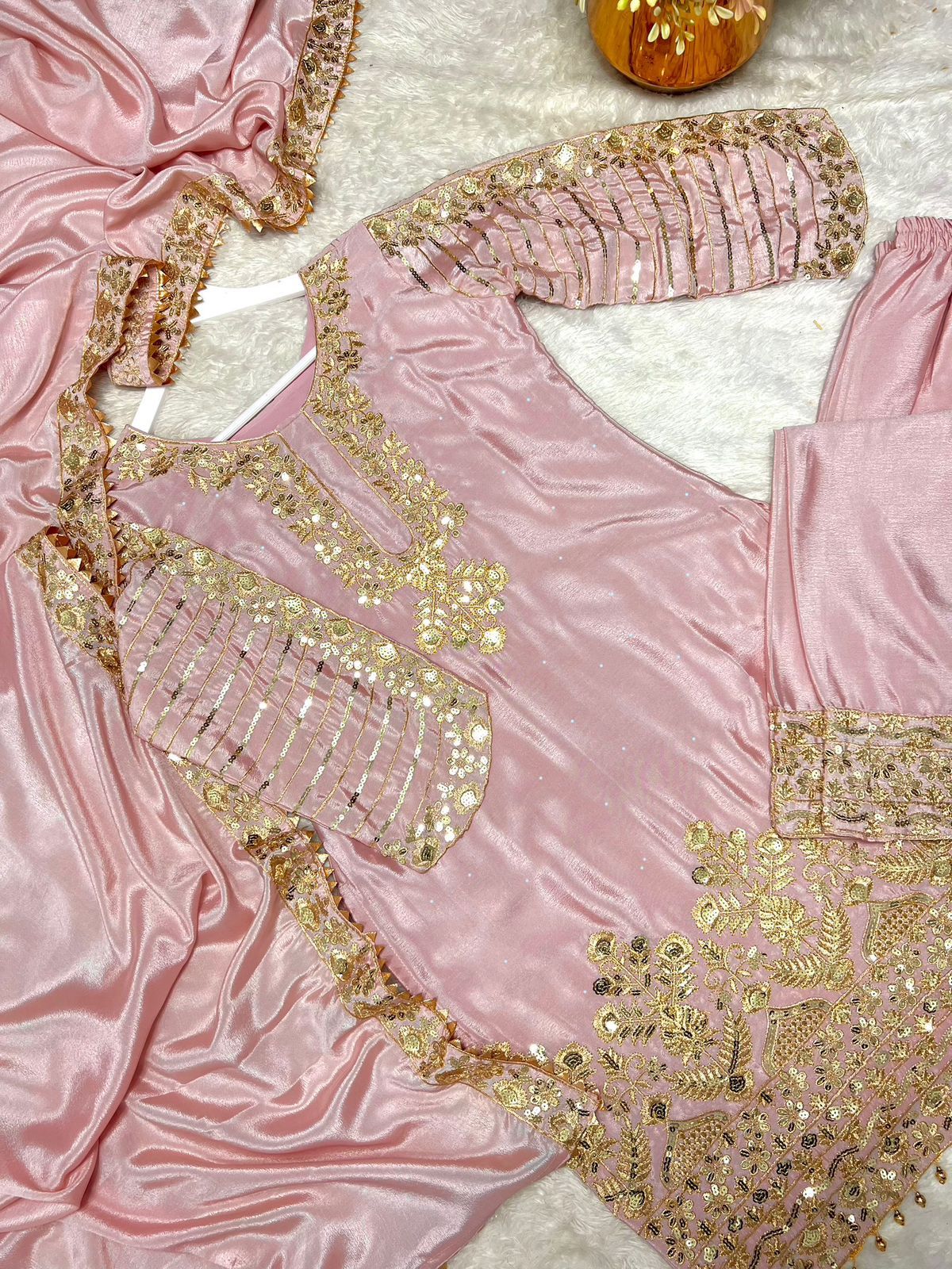 Fancy Pink Chinon Silk Sequence Work Palazzo Suit