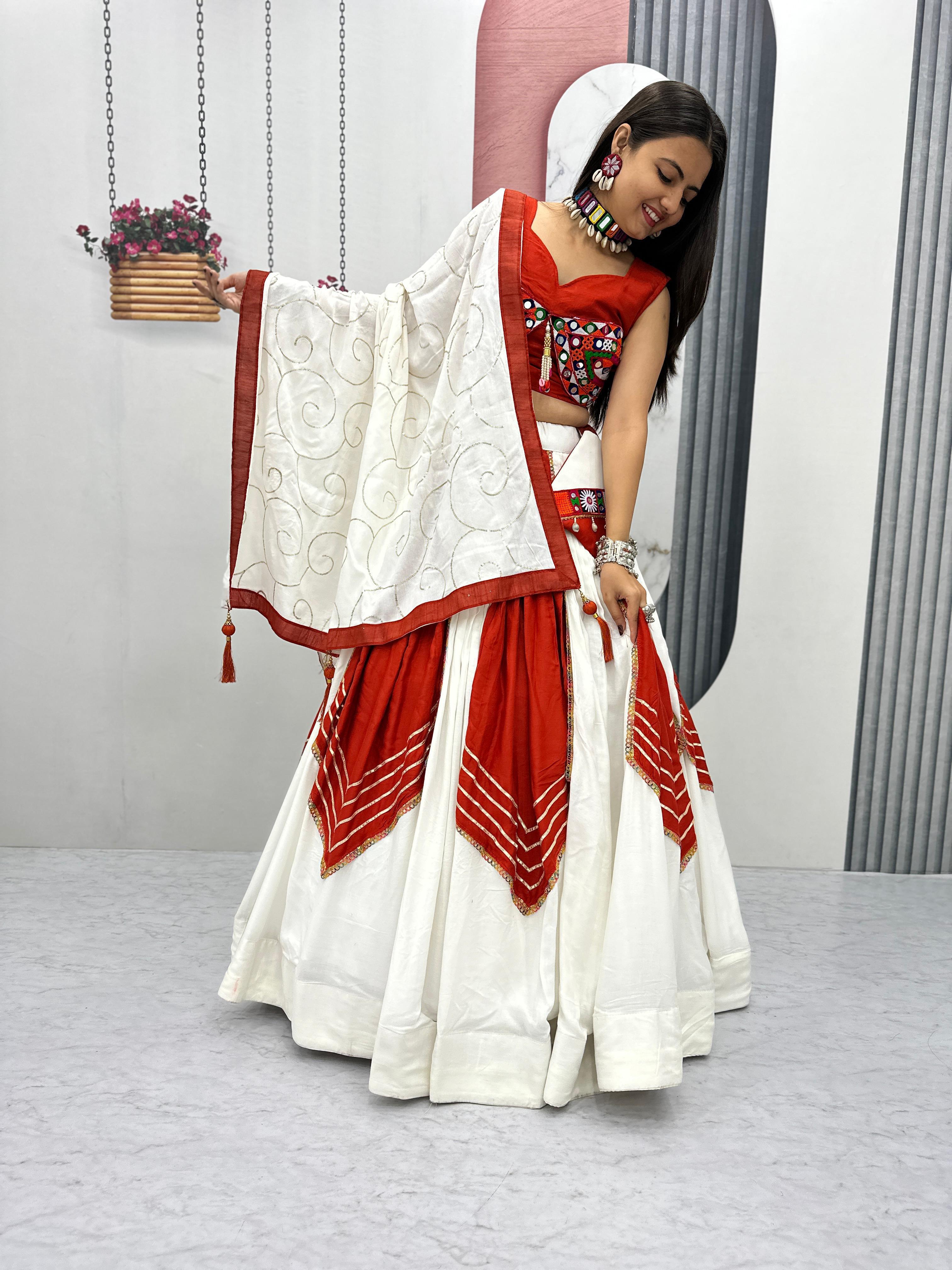 Trendy Red Cotton Gamthi Work Lehenga Choli For Navratri