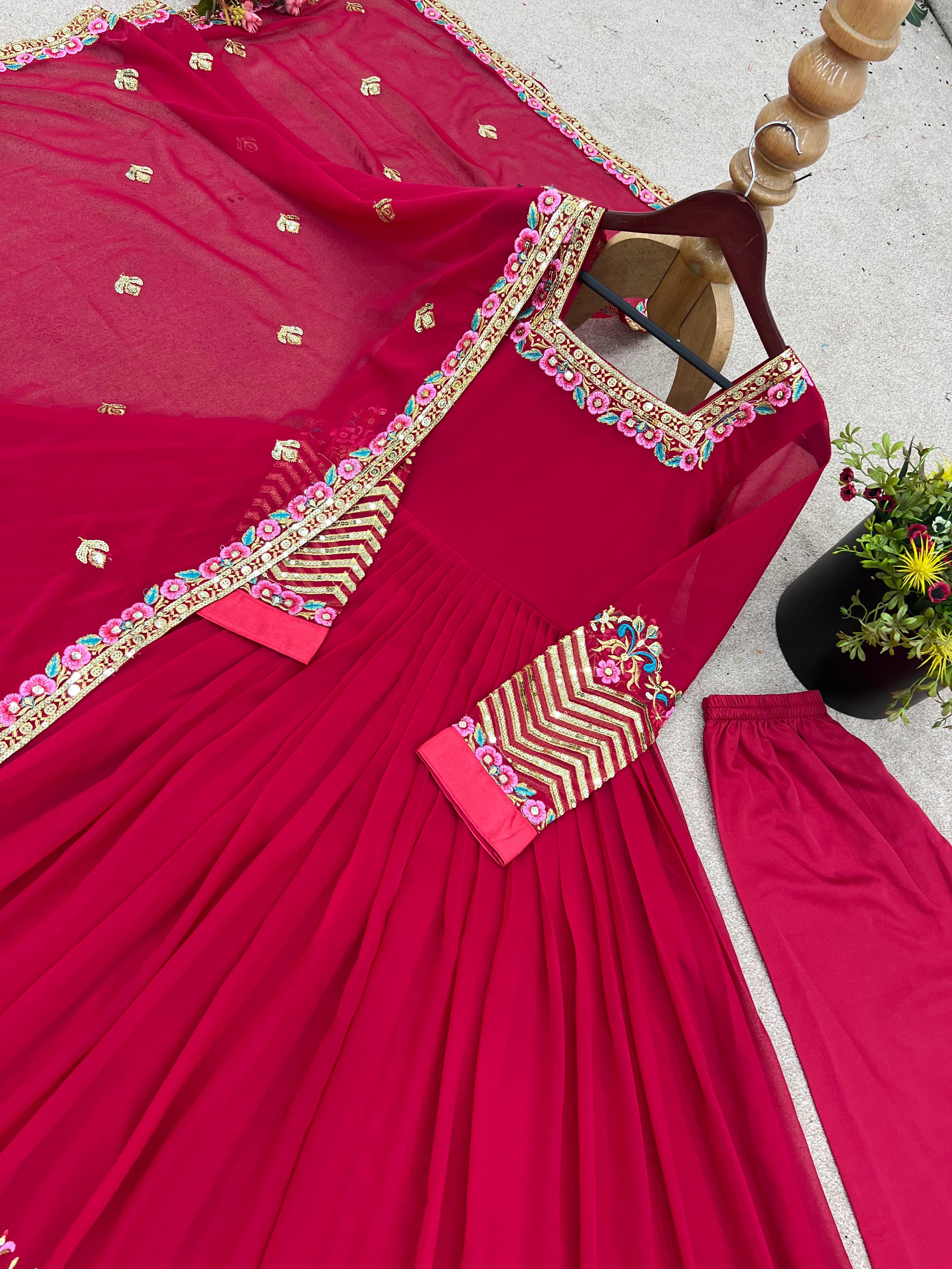 Trendy Red Georgette Embroidery Work Gown