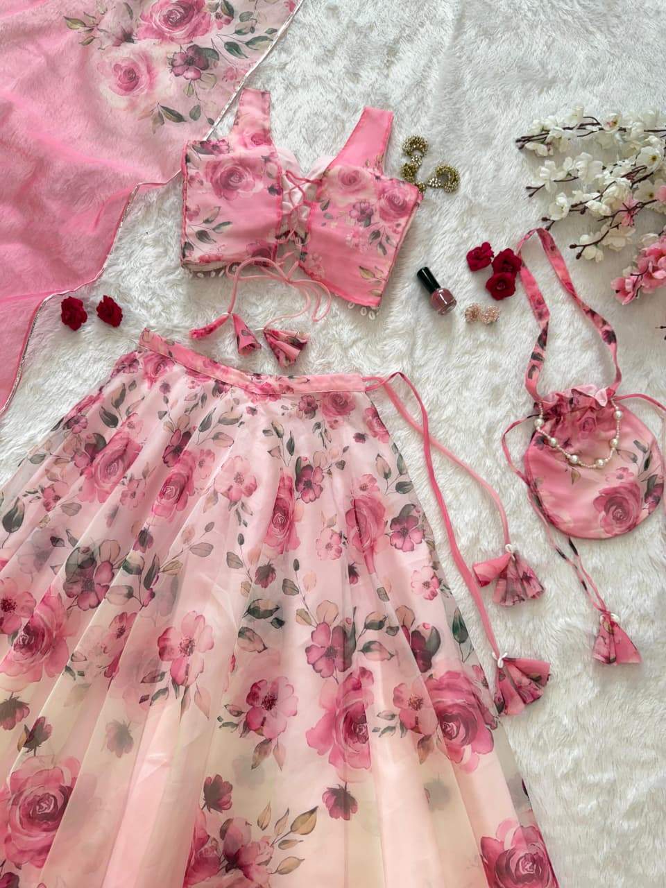 Fancy Pink Color Organza Digital Printed Lehenga Choli