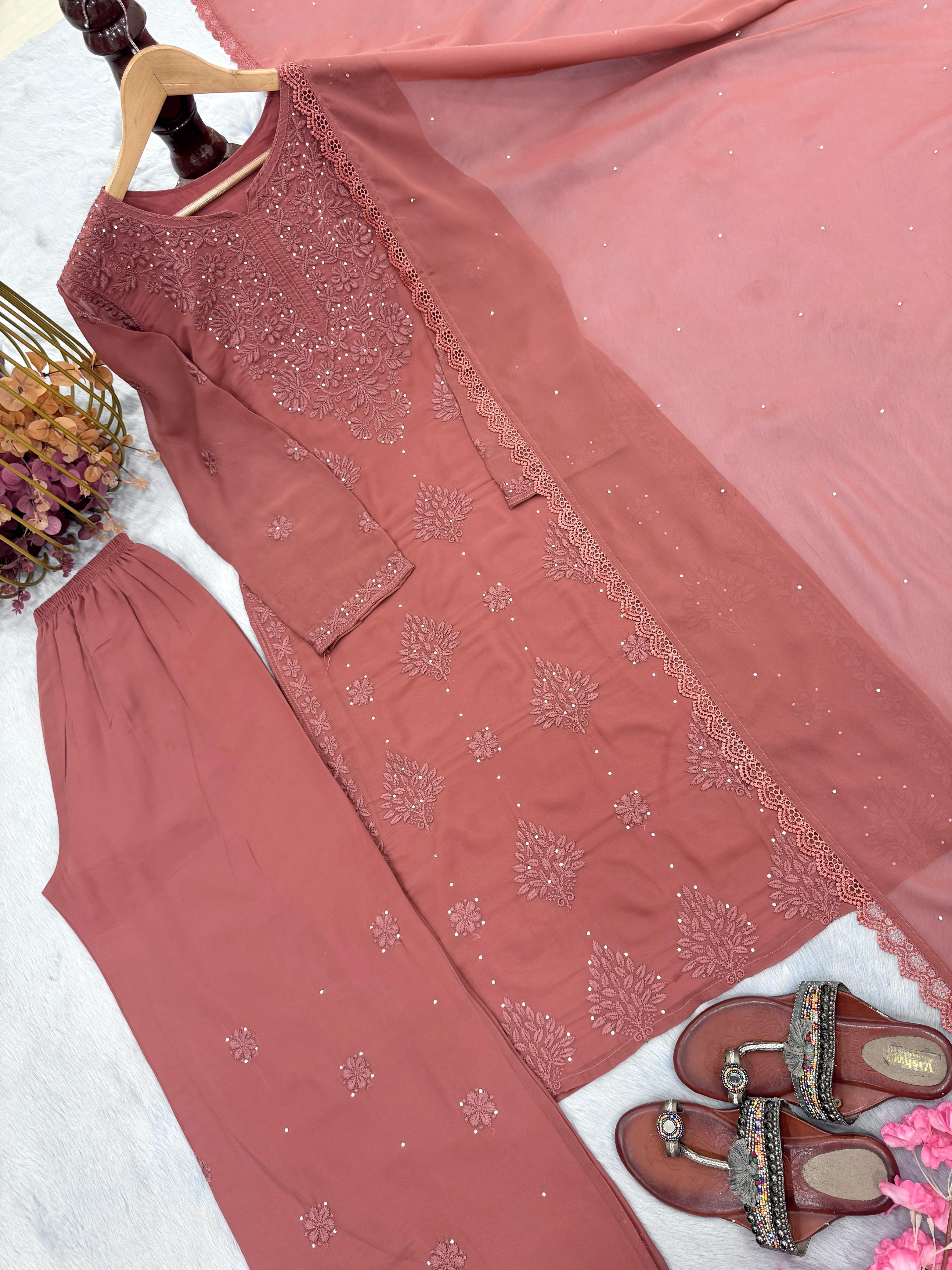 Ravishing Pink Color Embroidery Work Georgette Palazzo Suit