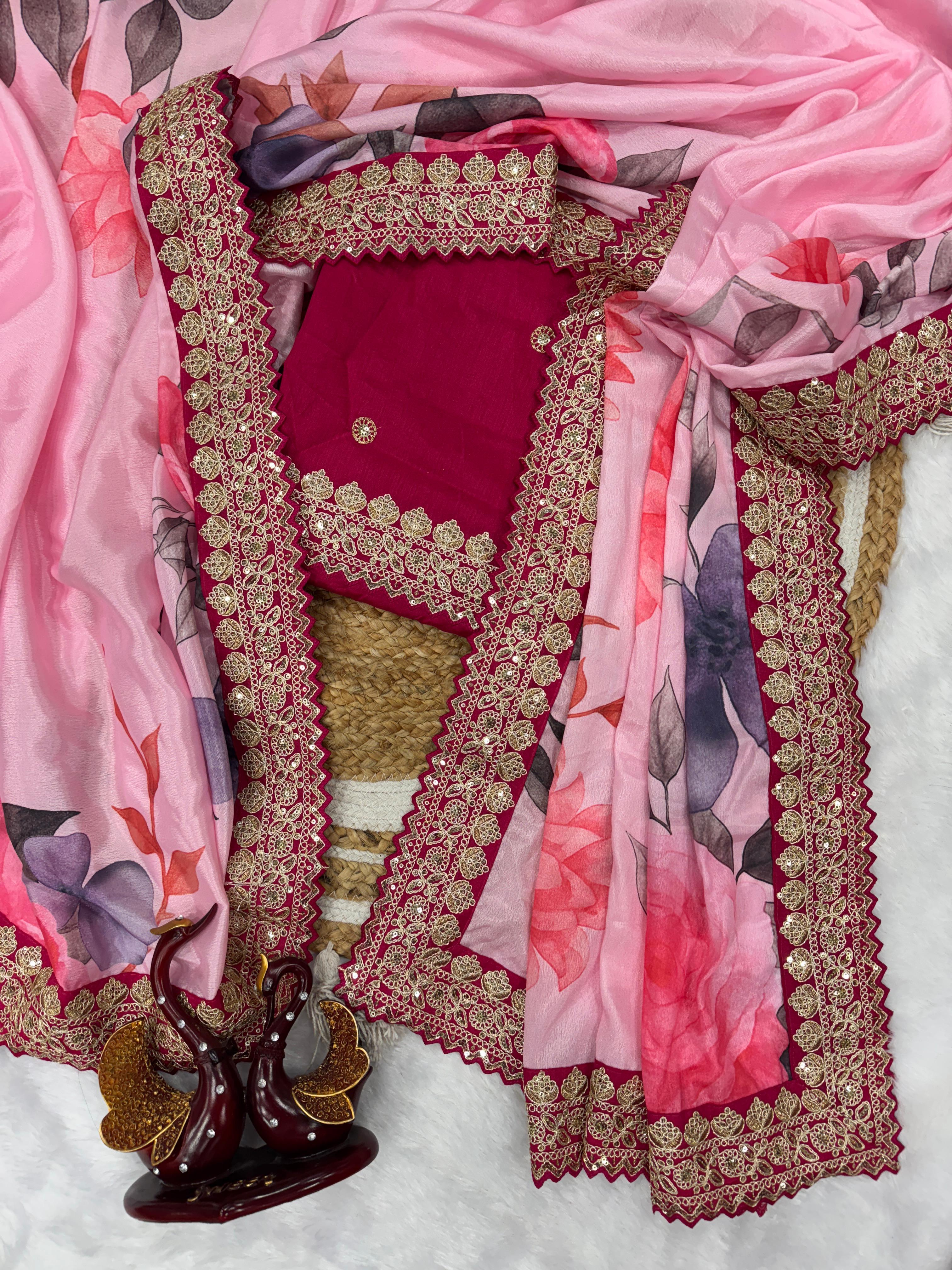 Gorgeous Pink Color Flower Printed Silk Saree