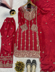 Gorgeous Red Chinon Silk Sequence Work Palazzo Suit