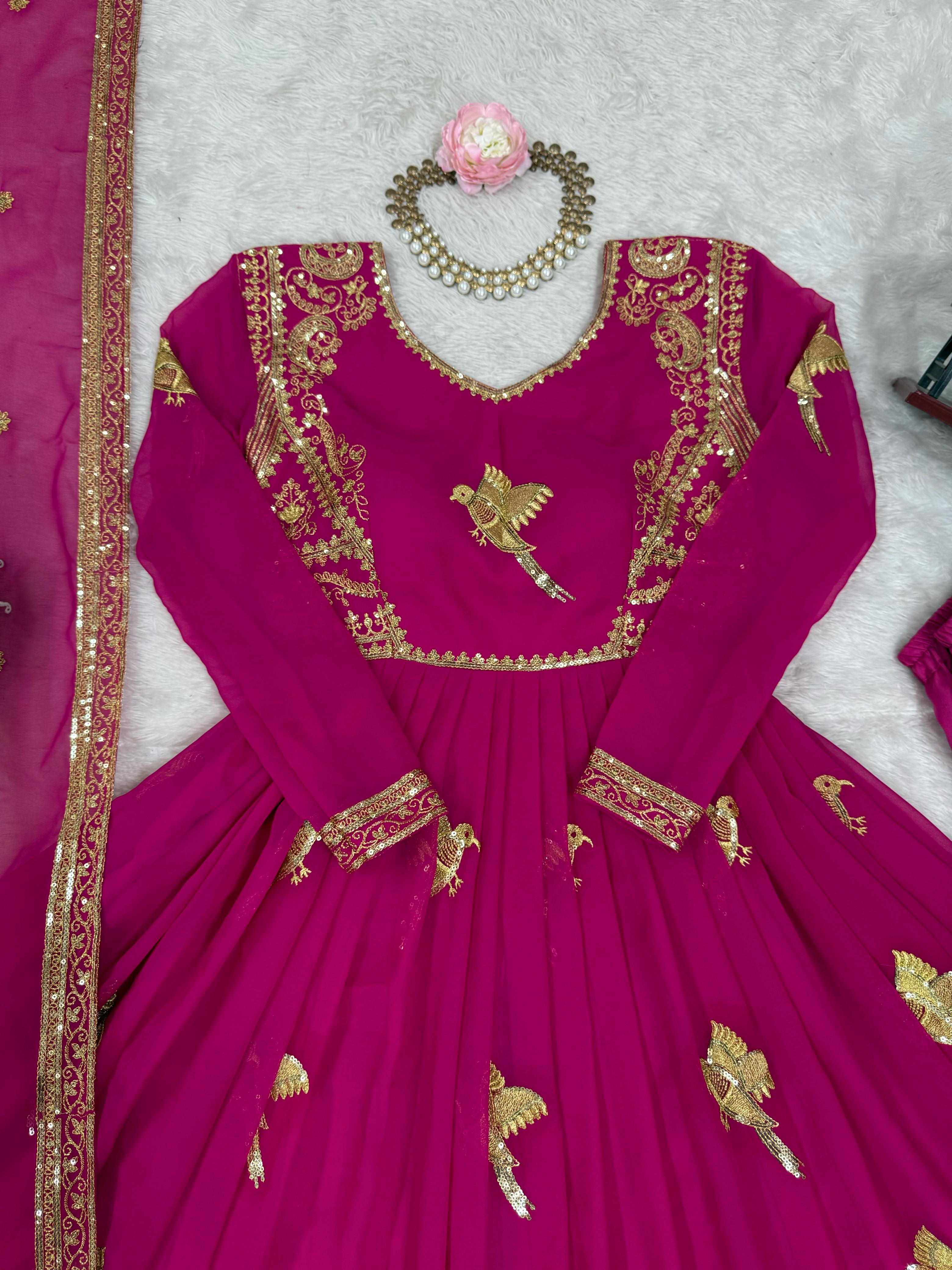 Glorious Pink Georgette Thread Work Gown