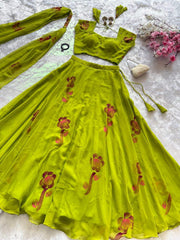 Alluring Green Color Georgette Hand Painted Lehenga