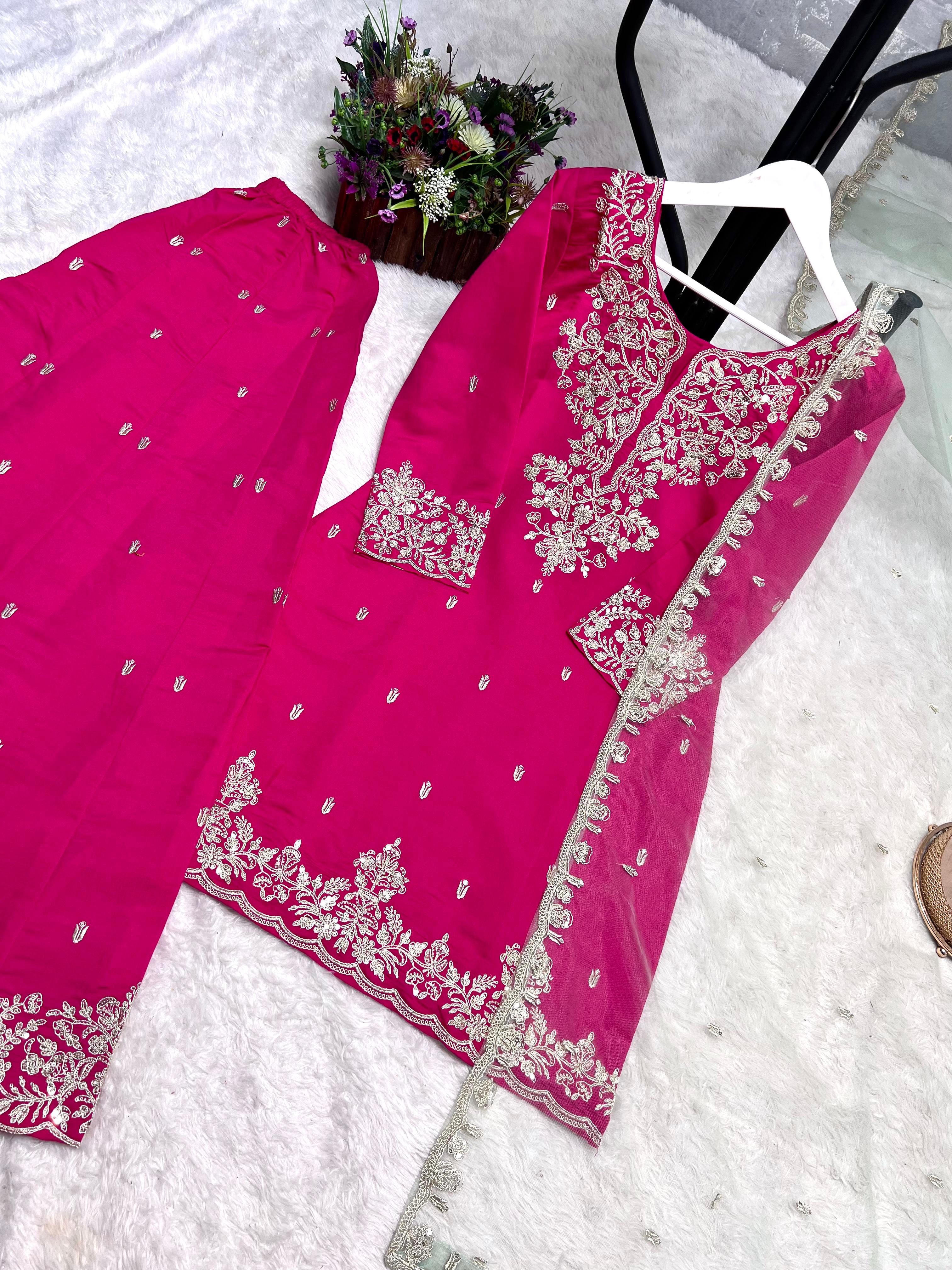 Gorgeous Pink Silk With Sequence Work Palazzo Suit