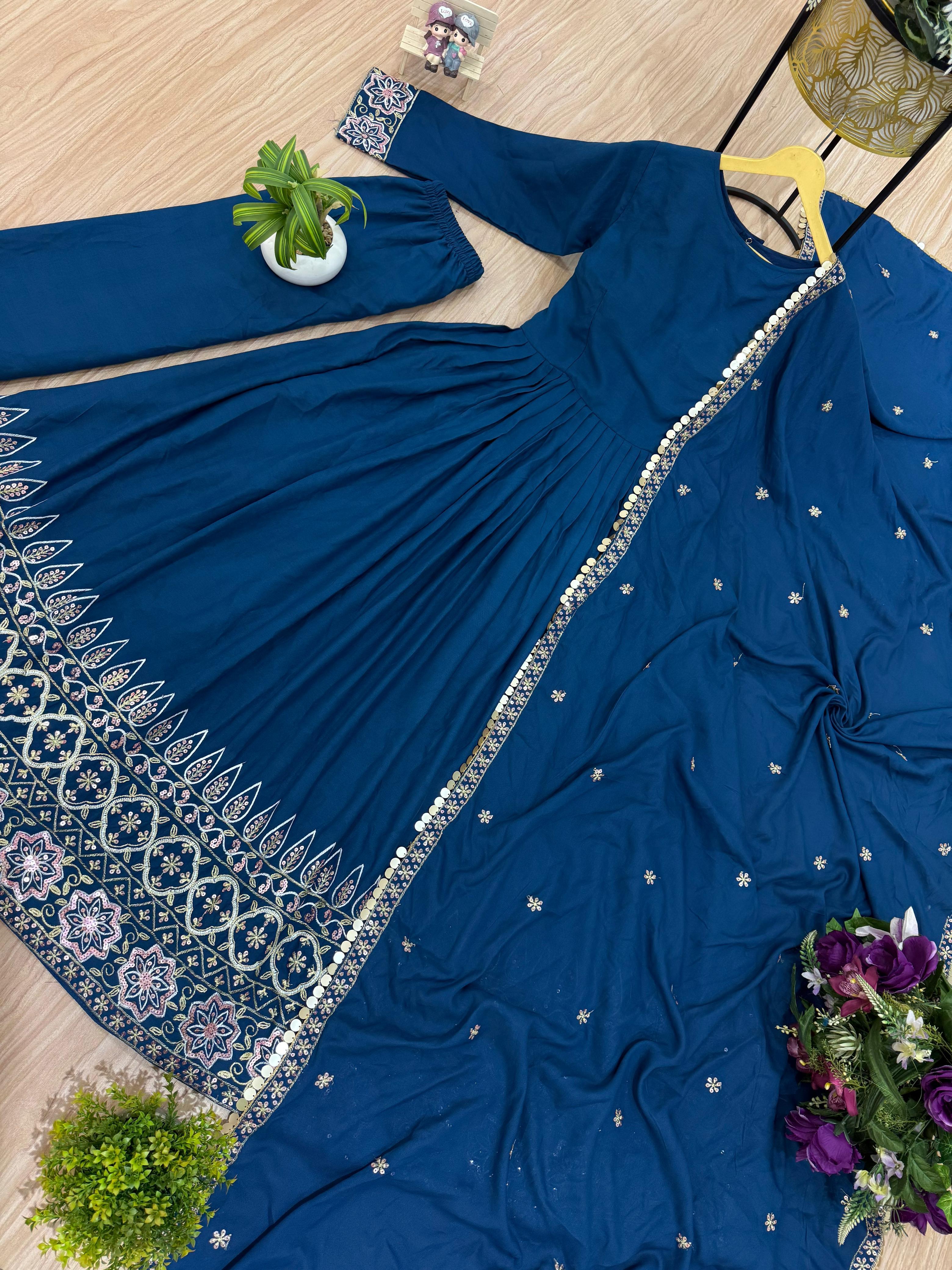 Navy Blue Color Rayon Embroidery Work Gown