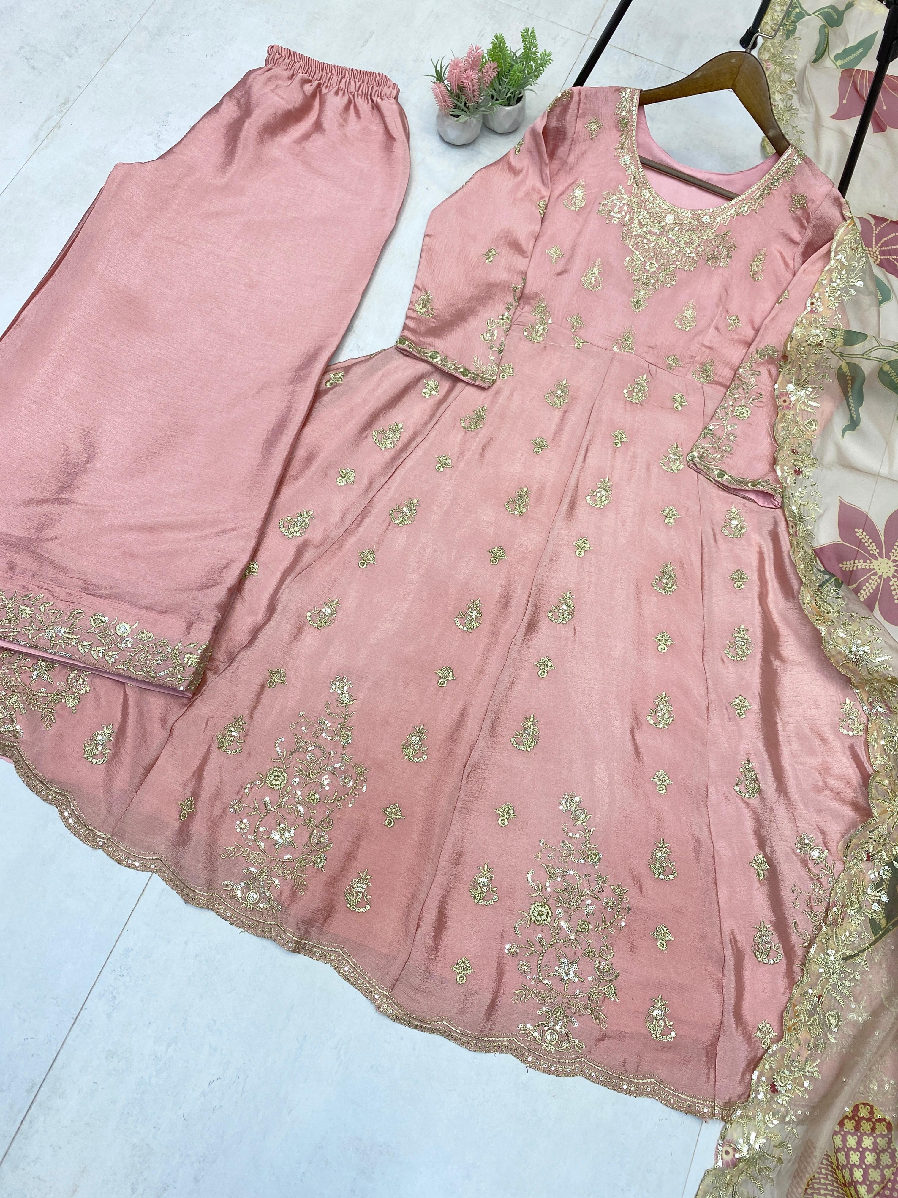 Gorgeous Pink Chinon Sequence Work Gown With Palazzo Suit